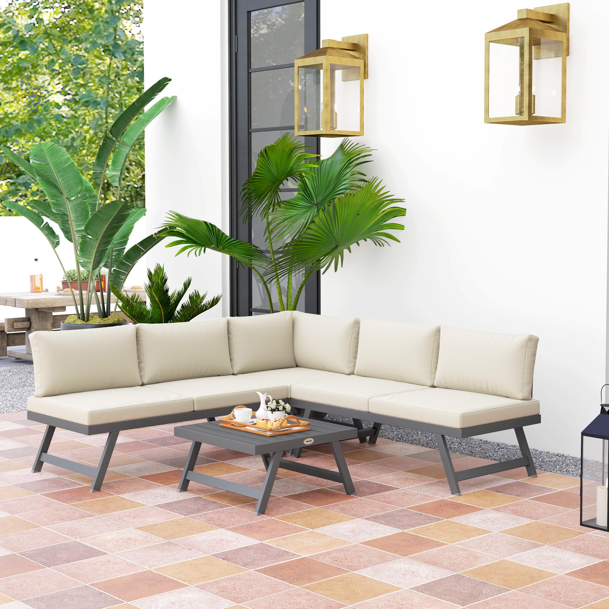 Outsunny Salon de Jardin Extérieur d'angle et Convertible 4 Pièces Beige | Mobilier de Jardin pour Terrasse Balcon, 2 Banquettes, 1 Fauteuil d'Angle, 1 Table Basse, Aluminium et Acier