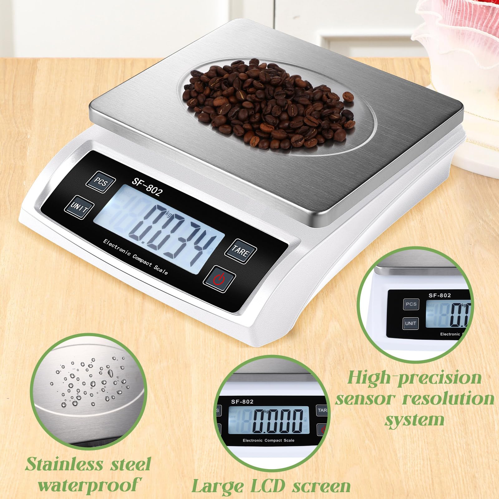 Copkim Grande bilancia digitale da cucina da 30 kg, in acciaio inox, con display LCD, dispositivo di pesatura commerciale per cottura e cottura (argento)