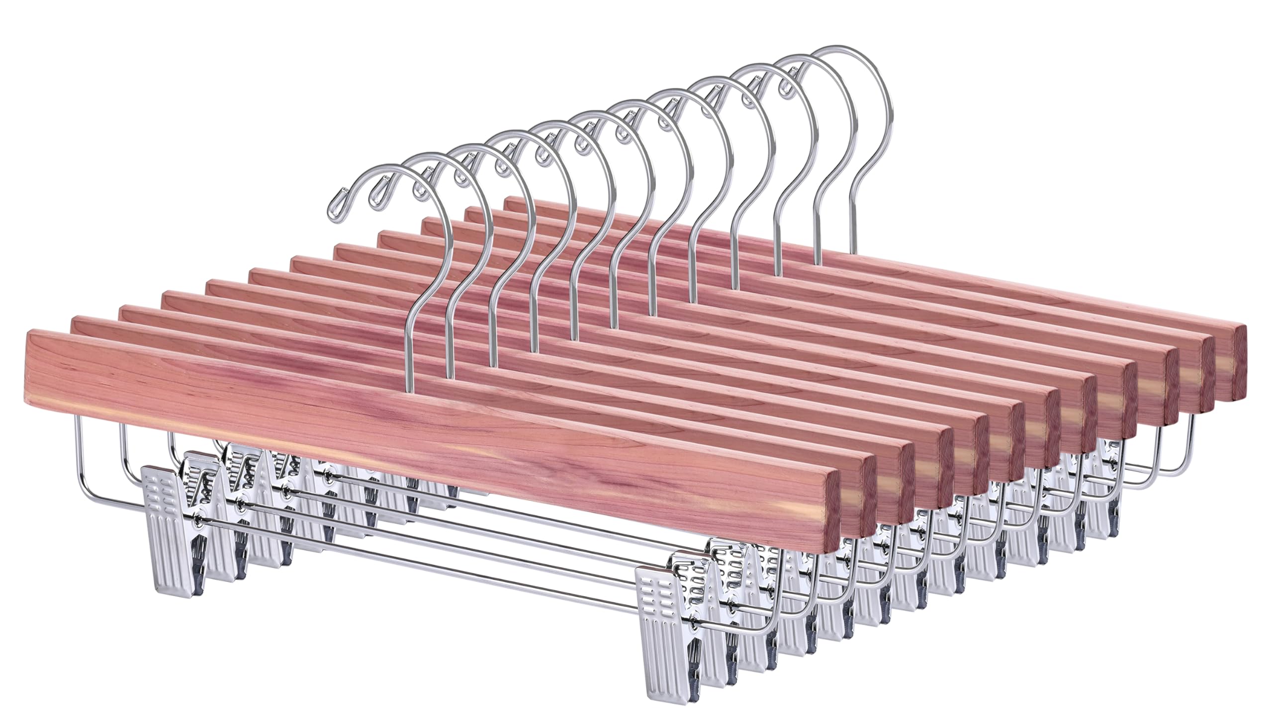 American Red Cedar - Perchas de madera de cedro rojo para pantalones, paquete de 12 perchas de madera de cedro natural con 2 clips ajustables, perchas inferiores para pantalones, jeans y pantalones