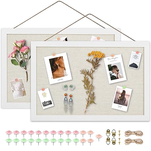 AKTOP 2-Pack Cork Board Bulletin Board 16x11 inch, Small Framed Corkboard with Linen for Wall, Hanging Pin Board Picture Board for Home Office Decor, Cute Vision Board with 25 Pushpins (Vintage White) - Vintage White - 16.7" X 11" - 2 Pack