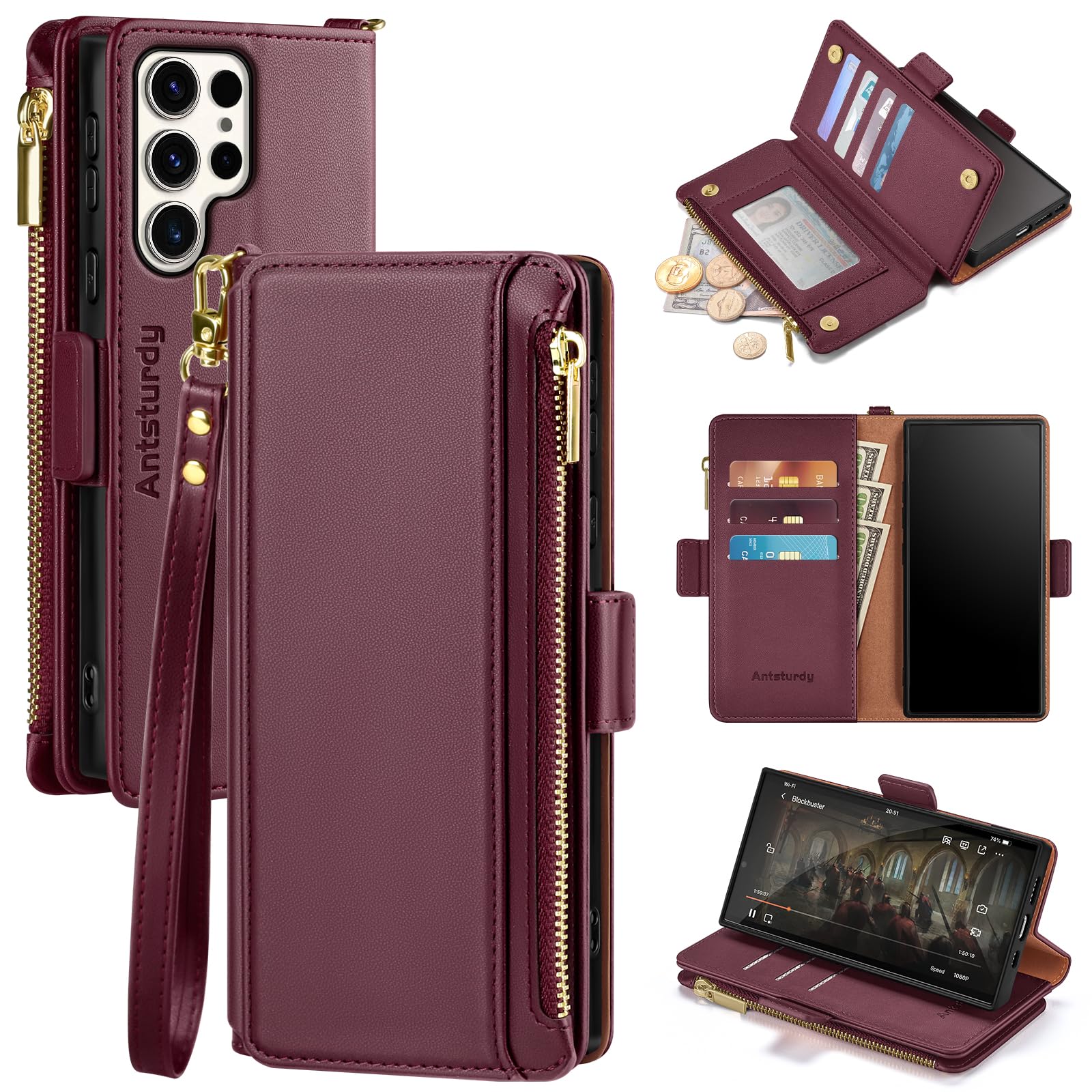 Antsturdy Compatible with Samsung Galaxy S23 Ultra 5G Wallet Case with Card Holder Women Men,Phone Case RFID Blocking Shockproof PU Leather Flip Cover