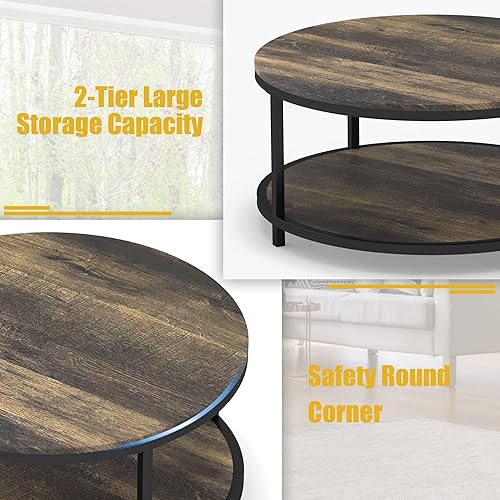 Miniatura 34 de WiberWi Mesa de centro redonda de 35.8 pulgadas para sala de estar, mesa de cóctel industrial rústica con marco de metal resistente y estante de