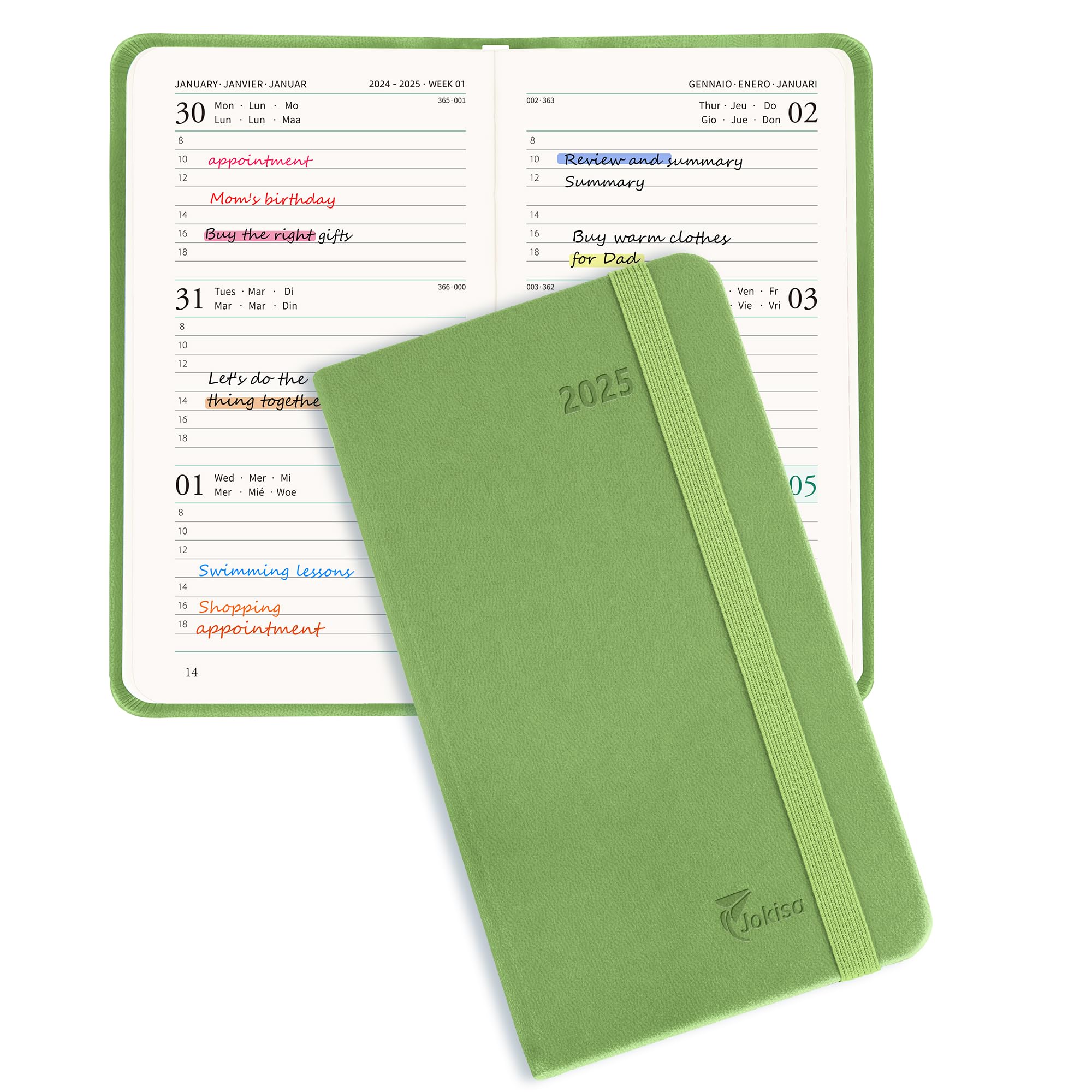 Jokisa Agenda Settimanale 2025 Tascabile, Agenda 2025 Piccola 1 Settimana 2 Pagine, Planner 2025 con Chiusura a Elastico e Segnalibro, circa A6 (16,5 x 9,5 cm), Gen.2025-Dic.2025