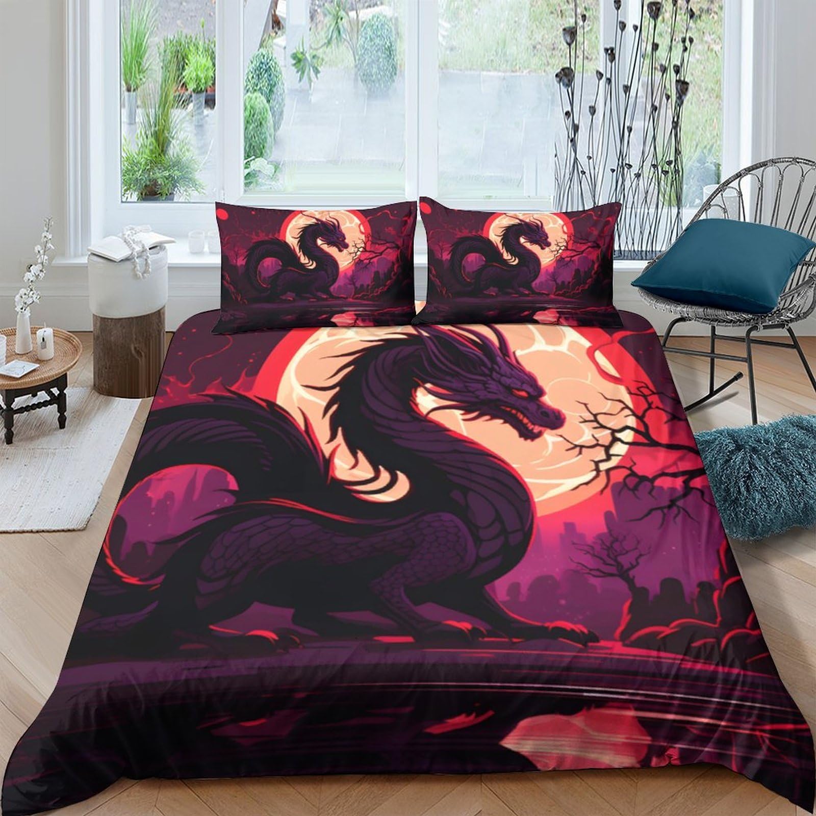 Ctjqhvkz Style-1 3D Printed Dark Dragon Fitted Sheet Microfiber Soft Breathable Red Moon Mattress Cover For Bedroom Dorm Decor Single（135X200cm）