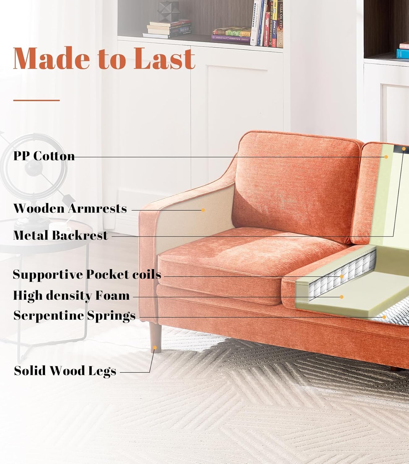 Kingfun Living Room Furniture Sets, 3 Seater Couch and 2 Armchair, Mid Century Modern Sofa Set, Chenille Couch with Solid Wood Frame for Living Room & Bedroom, Orange