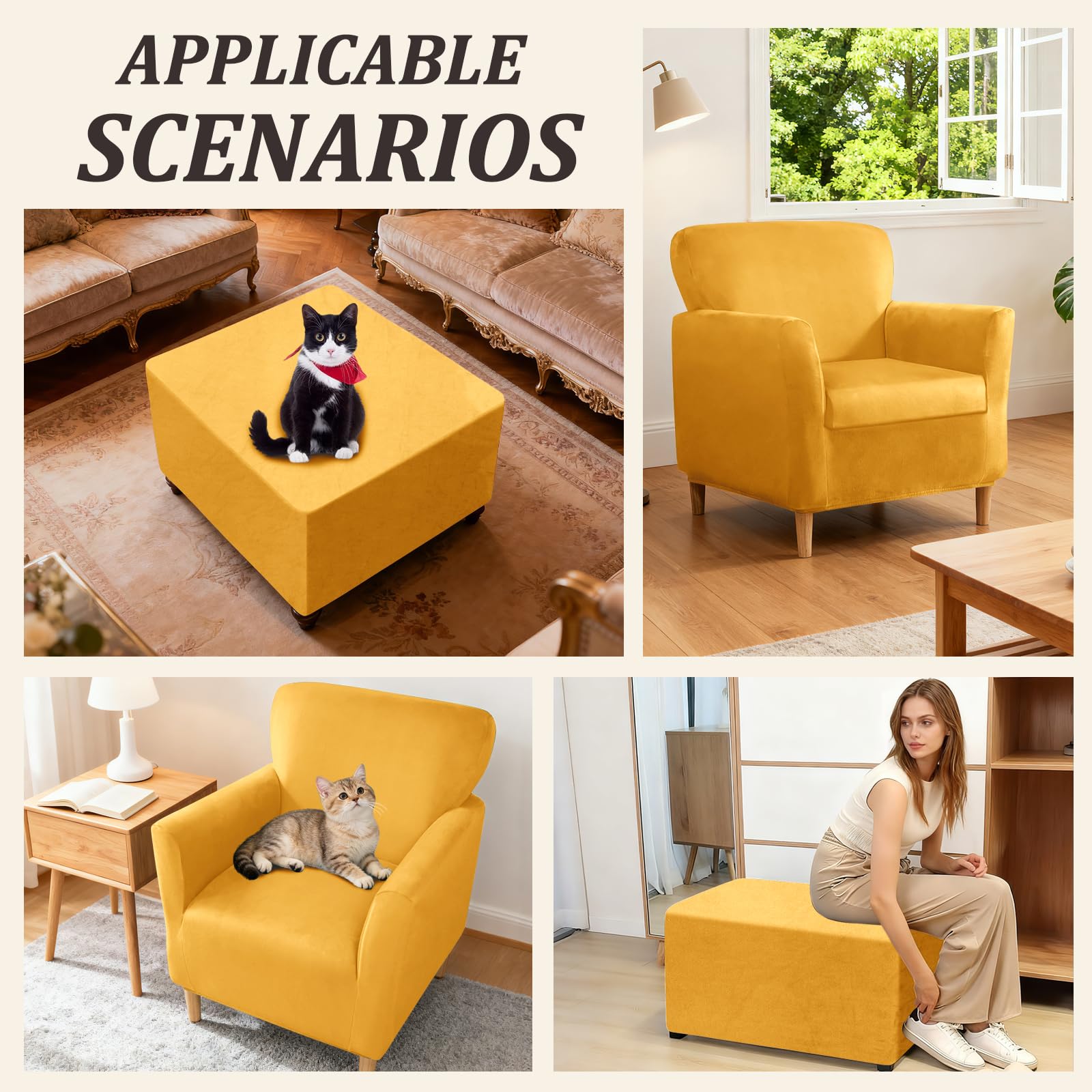 Copripoltrona Elasticizzato Copridivano 1 Posto con Braccioli, Velluto Fodera per Poltrona/Ottomana/Sedile con 4 Corde Antiscivolo (Gold,Chair+Seat+Ottoman Sq S)