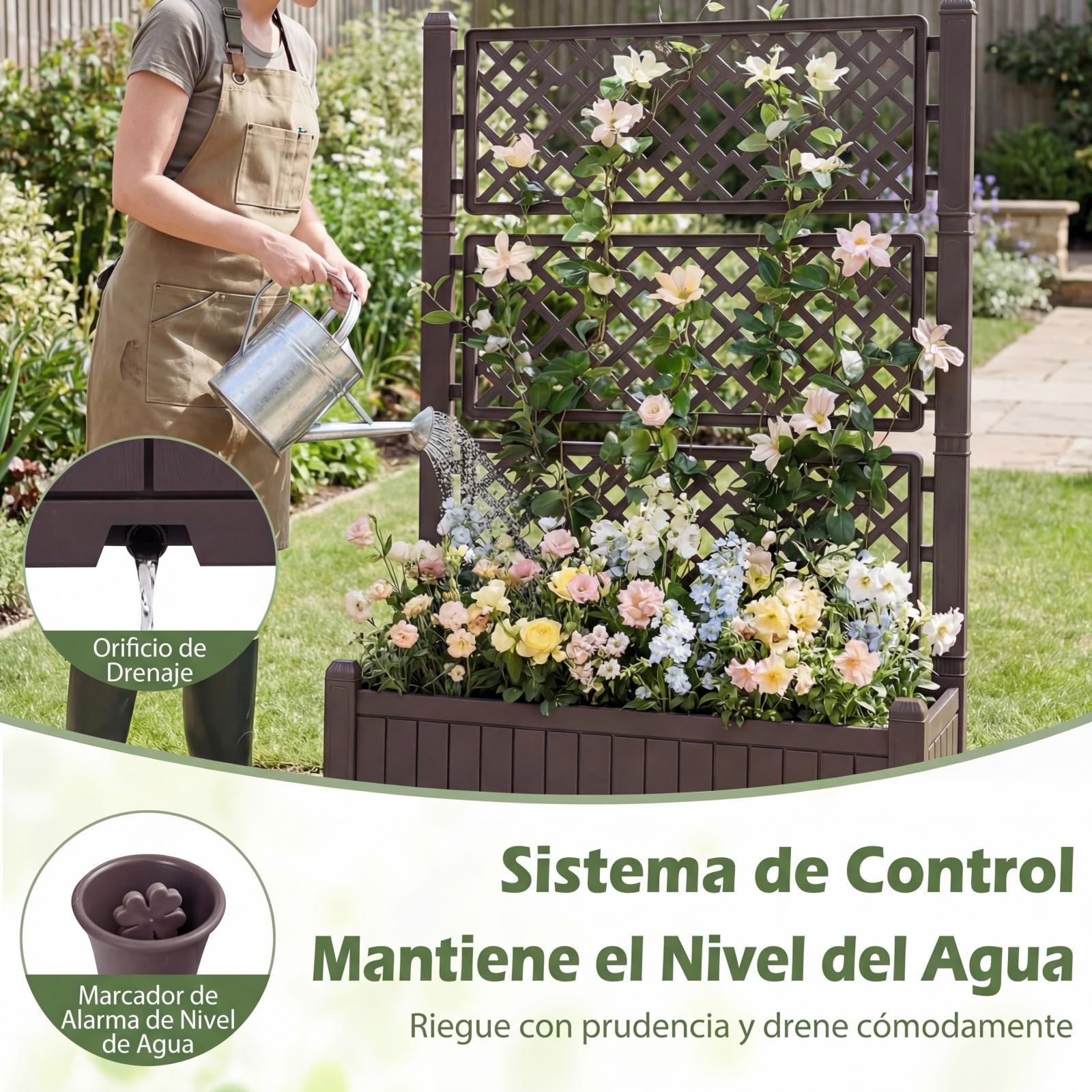 COSTWAY Jardinera Elevada con Enrejado, Cama de Jardín Elevada con Ruedas, Tapón y Medidor para Verduras y Plantas Trepadoras, Macetero Grande de PP para Exterior Jardín y Balcón, 108 x 45 x 155 cm