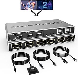 KVM Switch Dual Monitor 4K@60Hz, 2 Port HDMI KVM Extended Display, PC Screens Keyboard Mouse Switcher 2 in 2 Out with Button Switch Supported with 2 Pcs USB Cables, Audio Output and USB Release