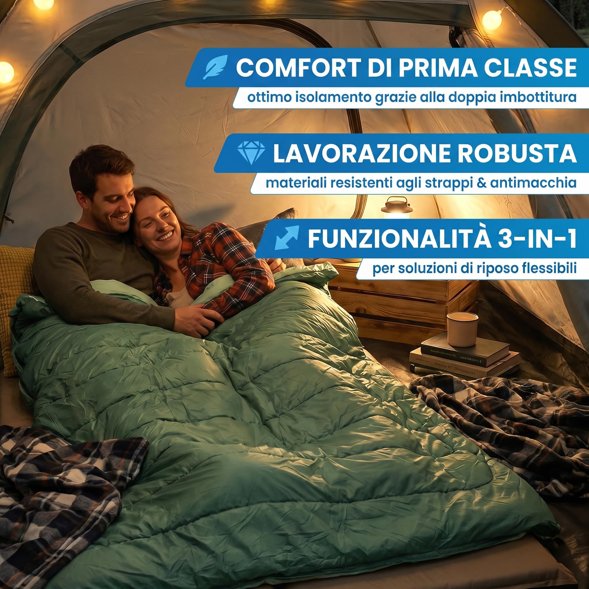 NORDMUT® Sacco a pelo doppio XXL con cerniera YKK premium a doppio senso – Sacco a pelo accogliente 2 persone extra largo & grande – per 2 persone con isolamento ottimale