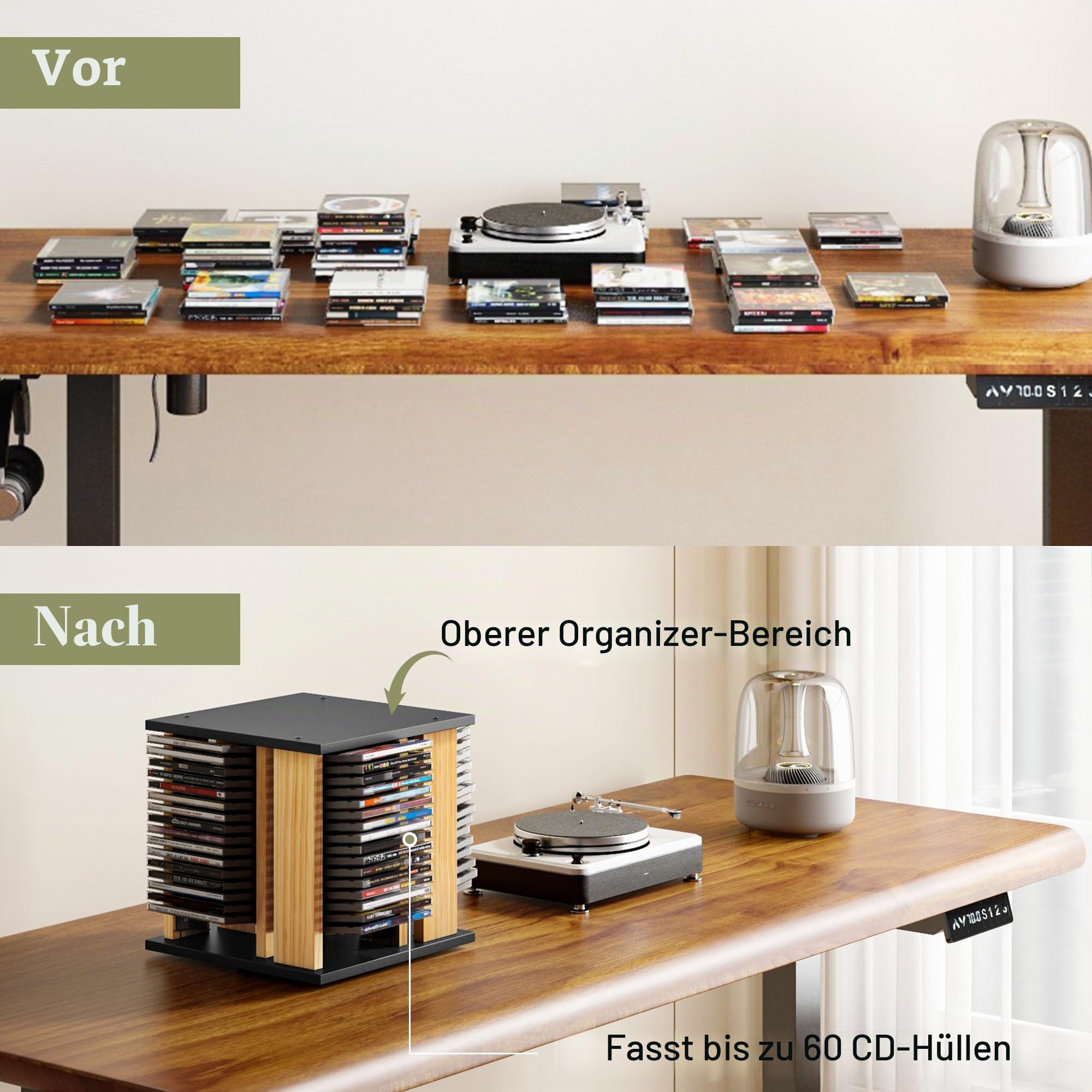 WelFurGeer CD-Aufbewahrungsregal aus Massivholz, um 360 ° drehbarer CD-Hüllenhalter - Halten Sie bis zu 68 CD-Hüllen, DVD-Hüllen-Aufbewahrungsregal, CD/DVD-Organizer-Regal für Zuhause, Büro, Theater