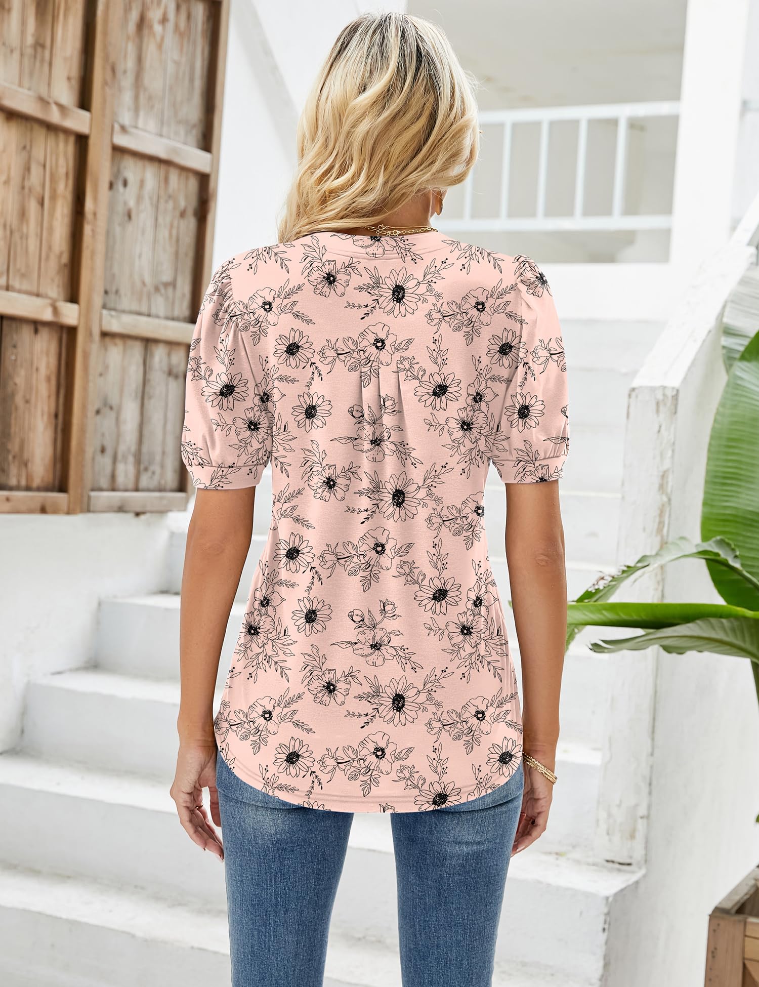 Womens V Neck Tops Puff Short Sleeve T-Shirt Pleated Floral Printed Tunic Blouse Shirts — view 4