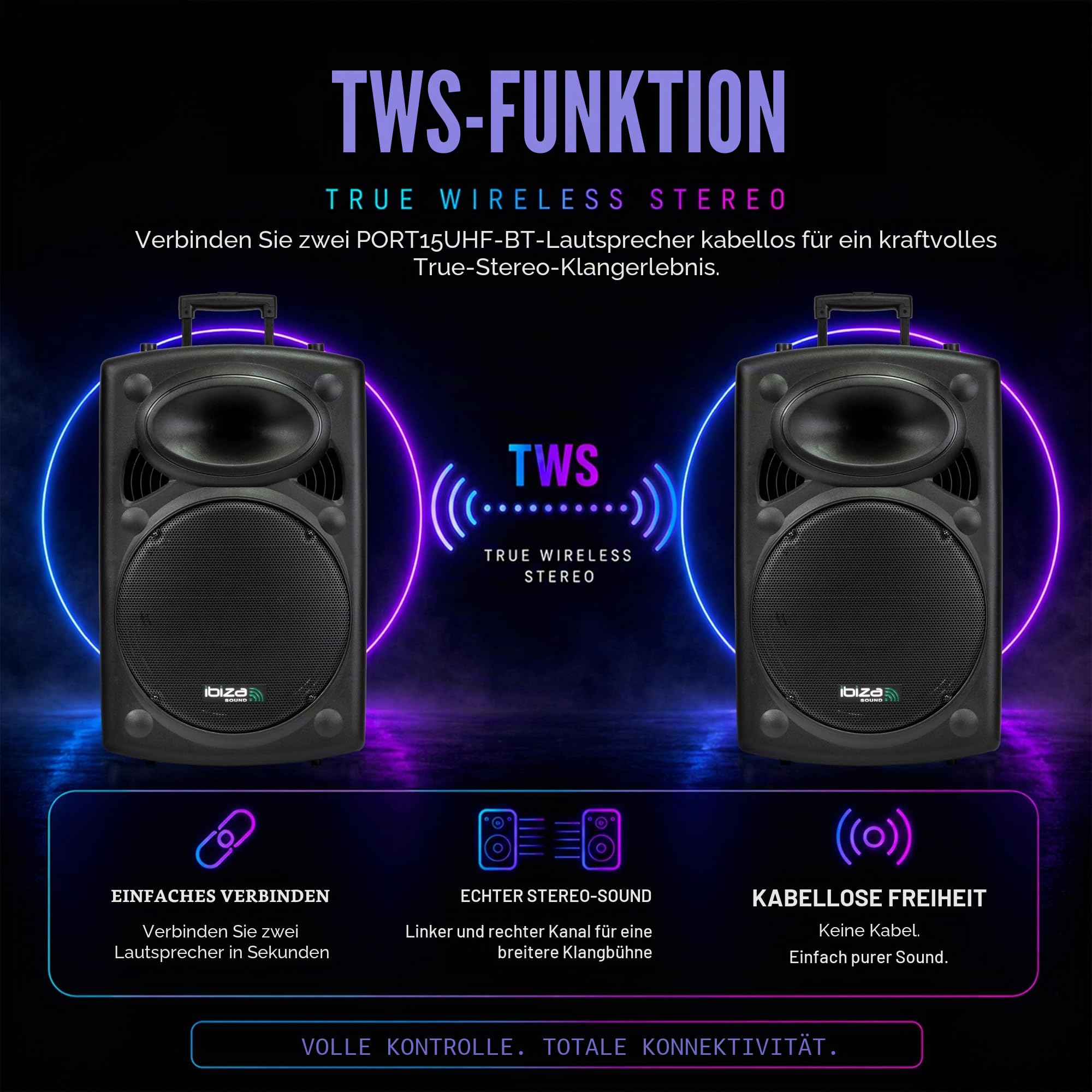 Ibiza PORT15UHF-BT Tragbarer Akku-PA-Lautsprecher 15"/38 cm – 800 W Max./400 W RMS – Karaoke mit 2 UHF-Mikrofonen – TWS – USB, SD, Rec, VOX – Trolley