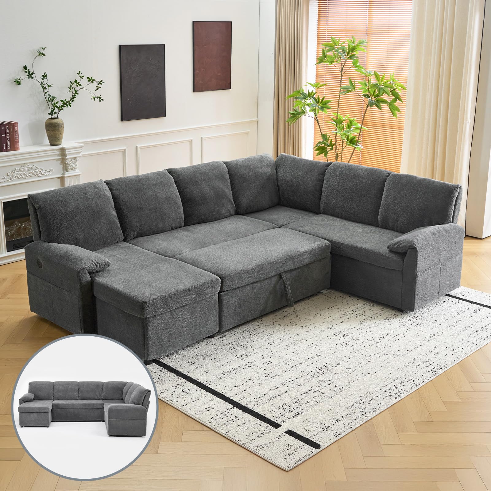 VINGLI U-Shape Convertible Sofa Bed in Dark Grey