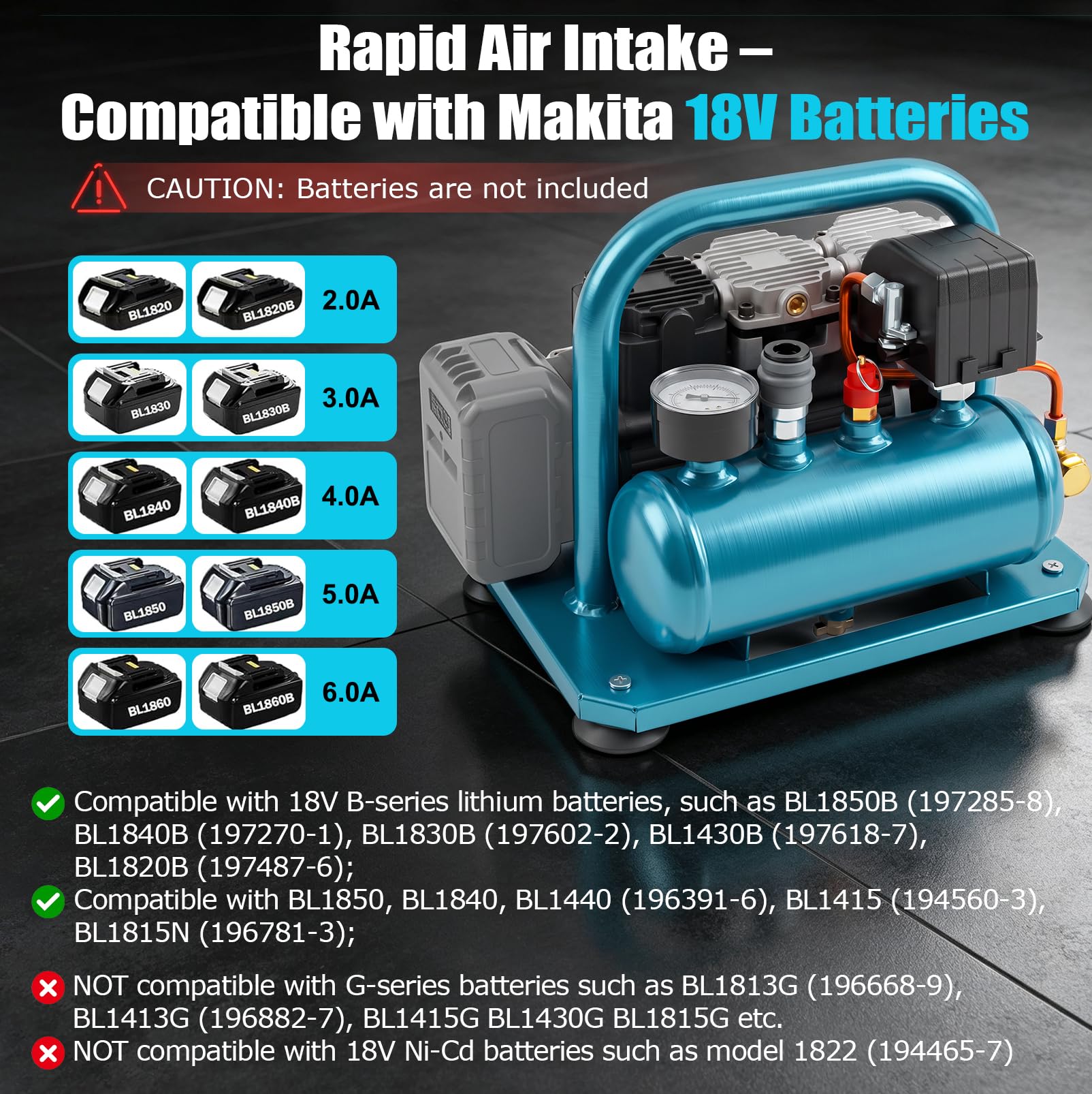 Compressore ad aria compressa a batteria, compatibile con batteria Makita | Compressore d'aria portatile silenzioso da 3 l, 8 bar, senza olio, pressione massima, capacità bombola di gas