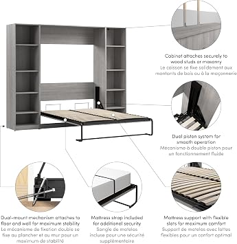 Bestar Full Murphy Bed with Closet Organizer, Platinum Gray, Claremont, 99W | Closet Organizers; dual piston mechanism; for guest room or multipurpose space;