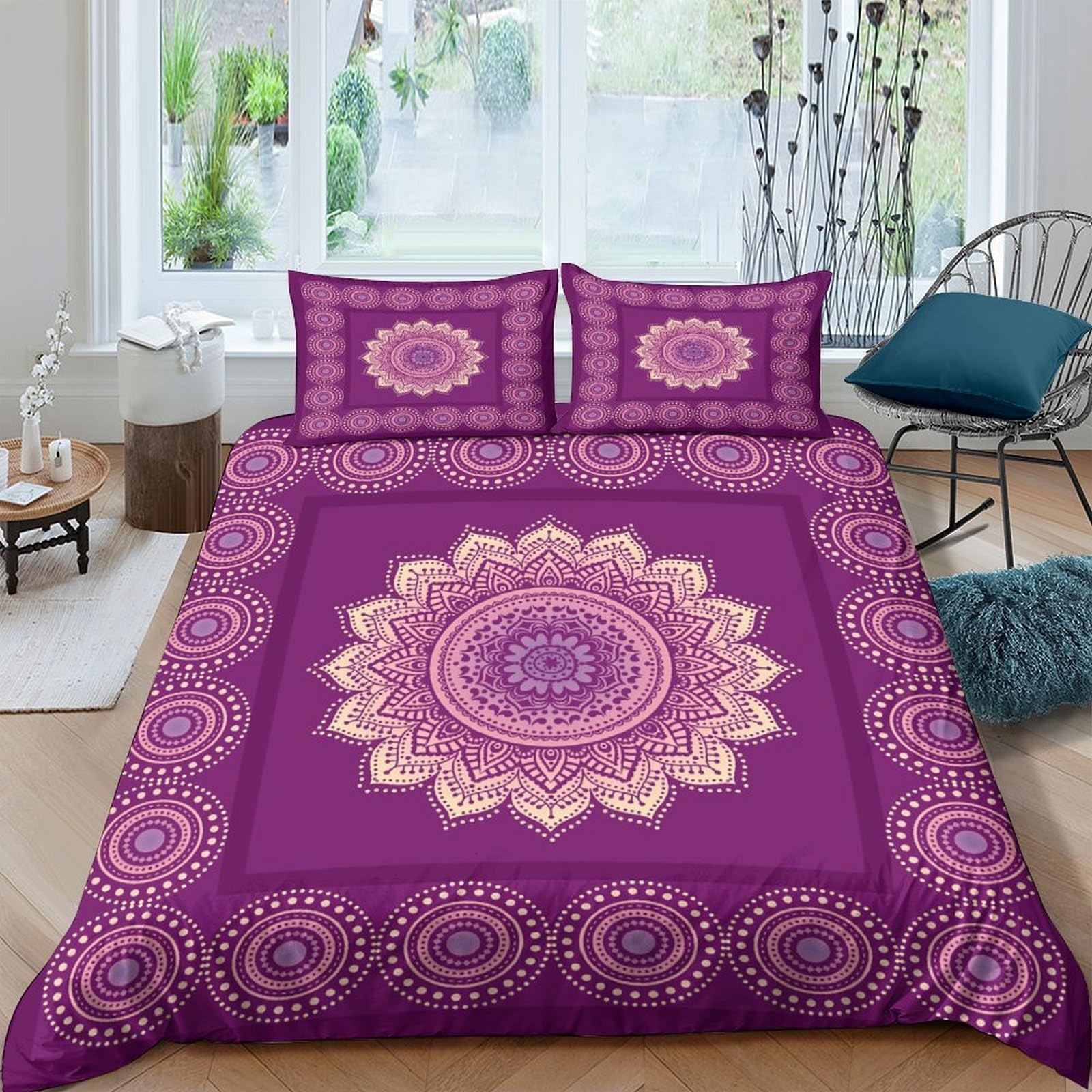 Ctjqhvkz Style-7 3D Printed Mandala Fitted Sheet Microfiber Purple Boho Lotus Mattress Cover For Bedroom Decor Dorm Easy Care Protection Single（135X200cm）