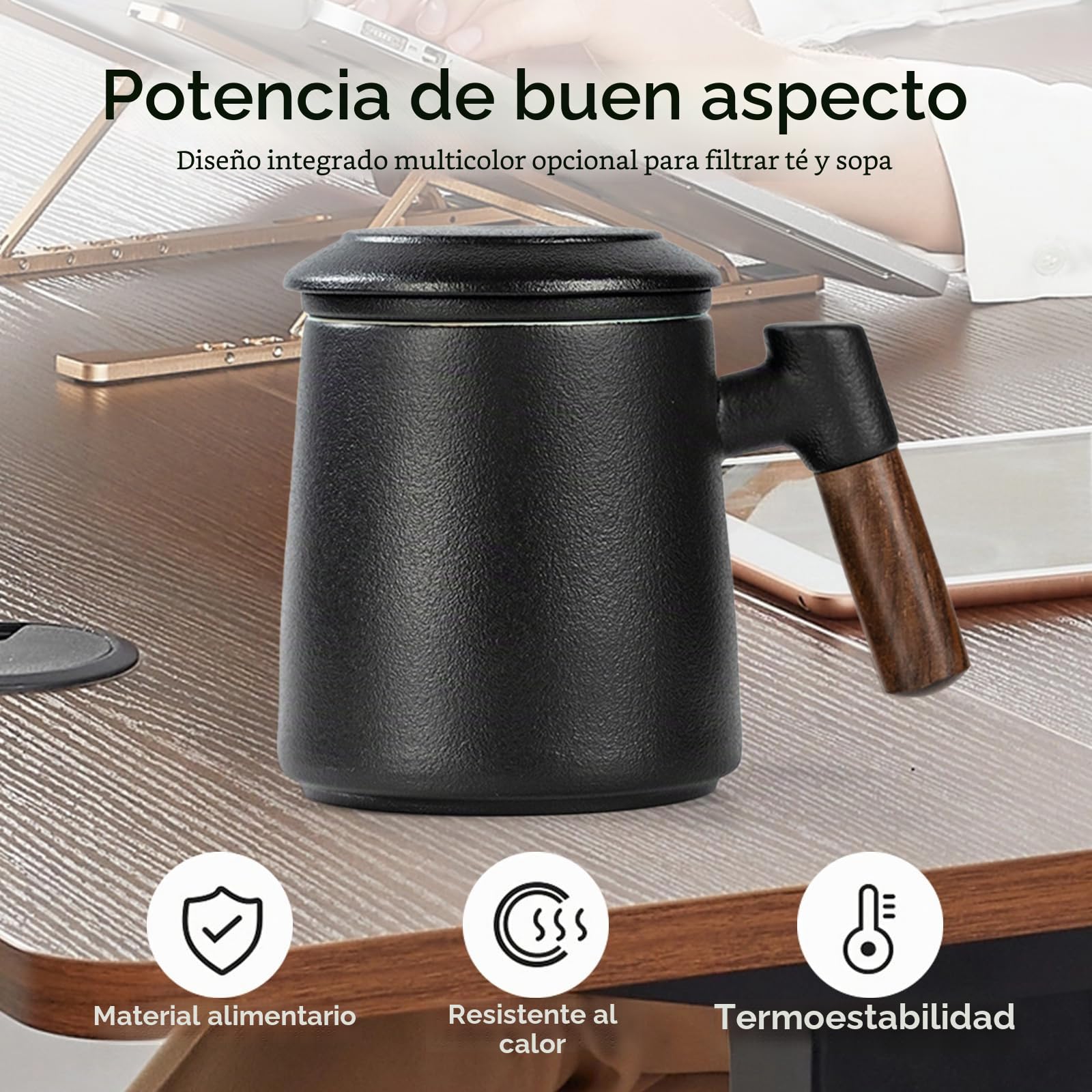 Taza de té con tapa y colador, 400 ml, mango de madera, tazas de té de cerámica mate con colador de té y tapa, taza de té con colador de té para amantes del té, esmalte negro rociado a mano para