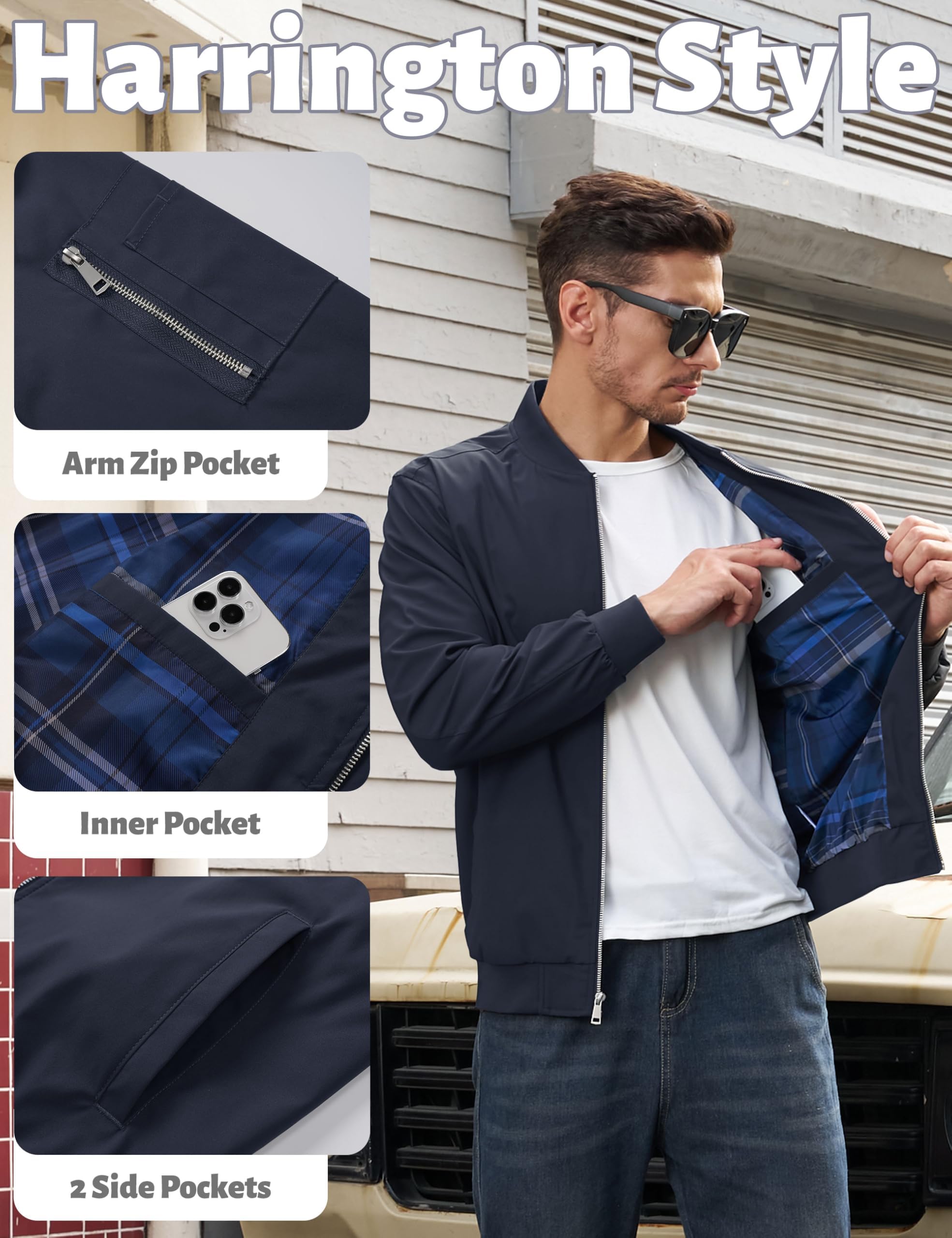 TACVASEN Giacca estiva da uomo, elegante, casual, leggera, bomber da uomo, elegante, sottile, leggero, antivento, per primavera e autunno, impermeabile, colore blu navy, XL, Marina Militare, XL
