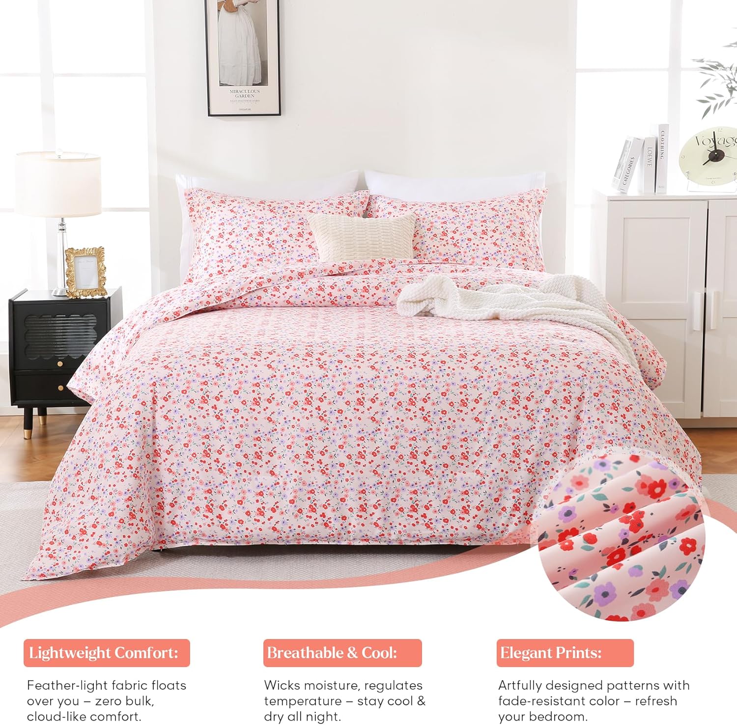 King Size Comforter Set, Lightweight Summer Bedding Comforter Sets, Pink Floral Cute Patterned Soft Breathable All-Season Comforters with 2 Pillow Shams