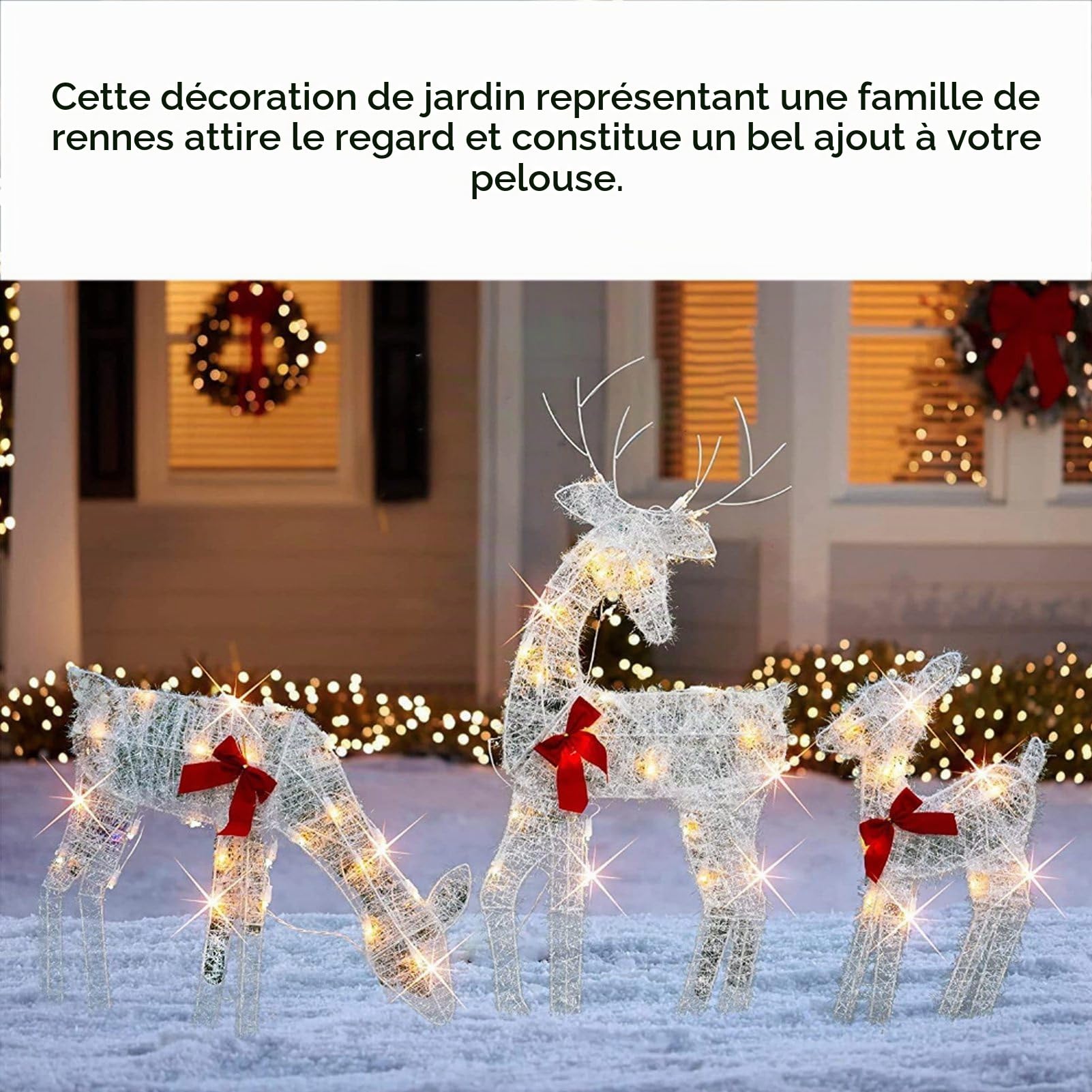 Ensemble Familial de Cerfs de Noël éclairés – 3 Pièces, Décorations de Noël en Forme de Renne, Décoration Extérieure et Intérieure avec Lumières LED, Nœuds Rouges, Décoration de