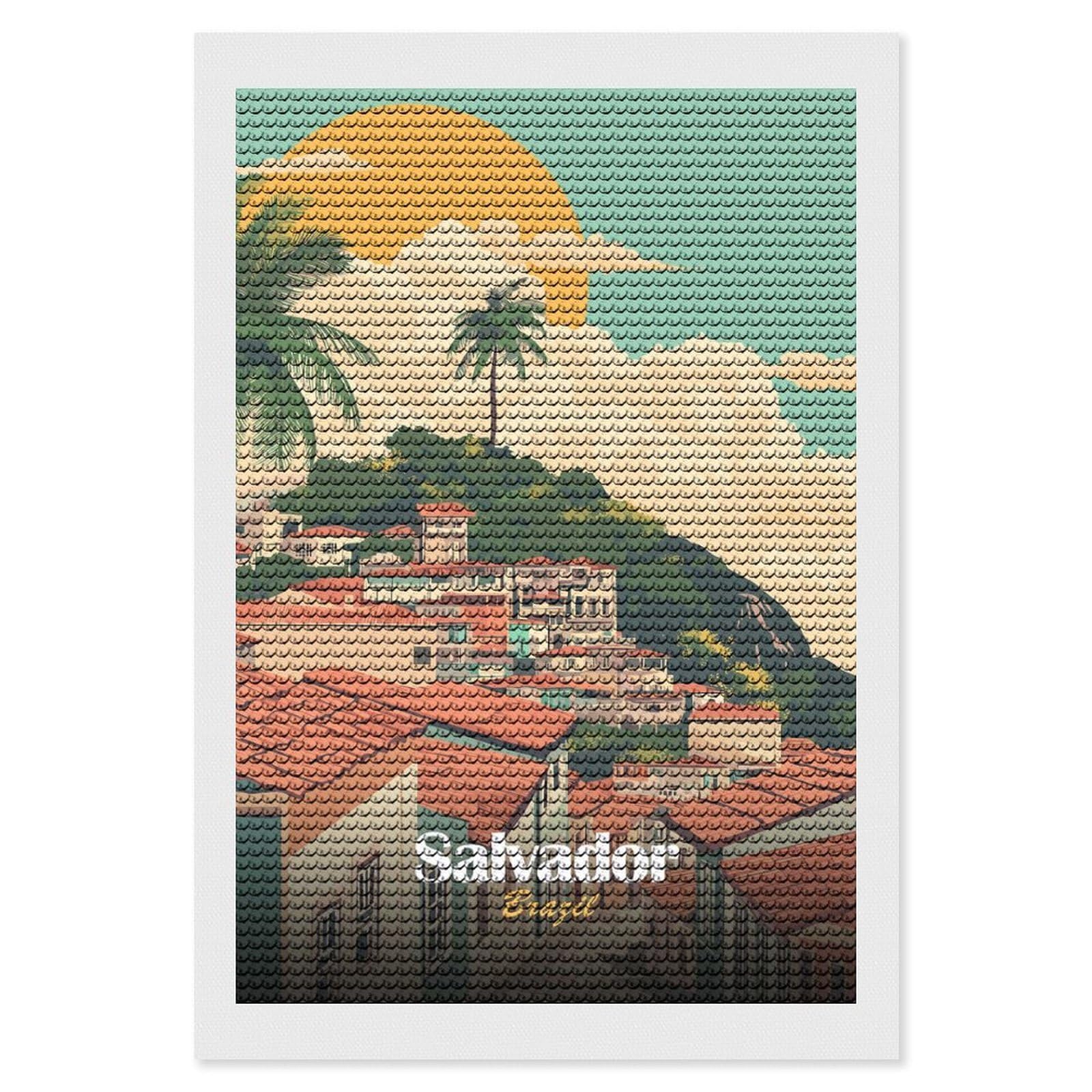 Junmoney Salvador, Brazil Cityscape Illustration Diamond Art Kit 8"x12", Bedroom Decor, Adhesive Canvas, Full Kit Included, Thoughtful Present, Birthday Gift