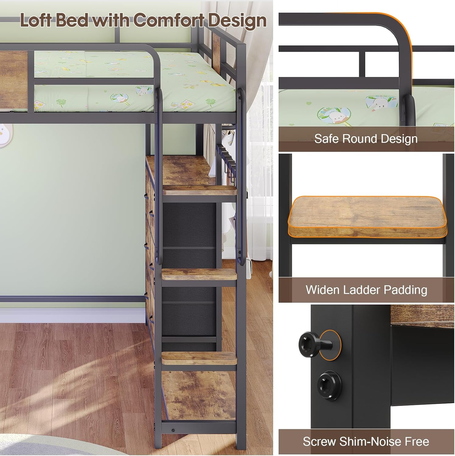 Loft Bed with Desk Full Size,Full Size Bed Frame with 6 Storage Drawers, 2 Bedside Organizer,6 Movable Hooks,LED Lights & Charging Station,Safety Guardrail,No Box Spring Needed,Rustic Brown