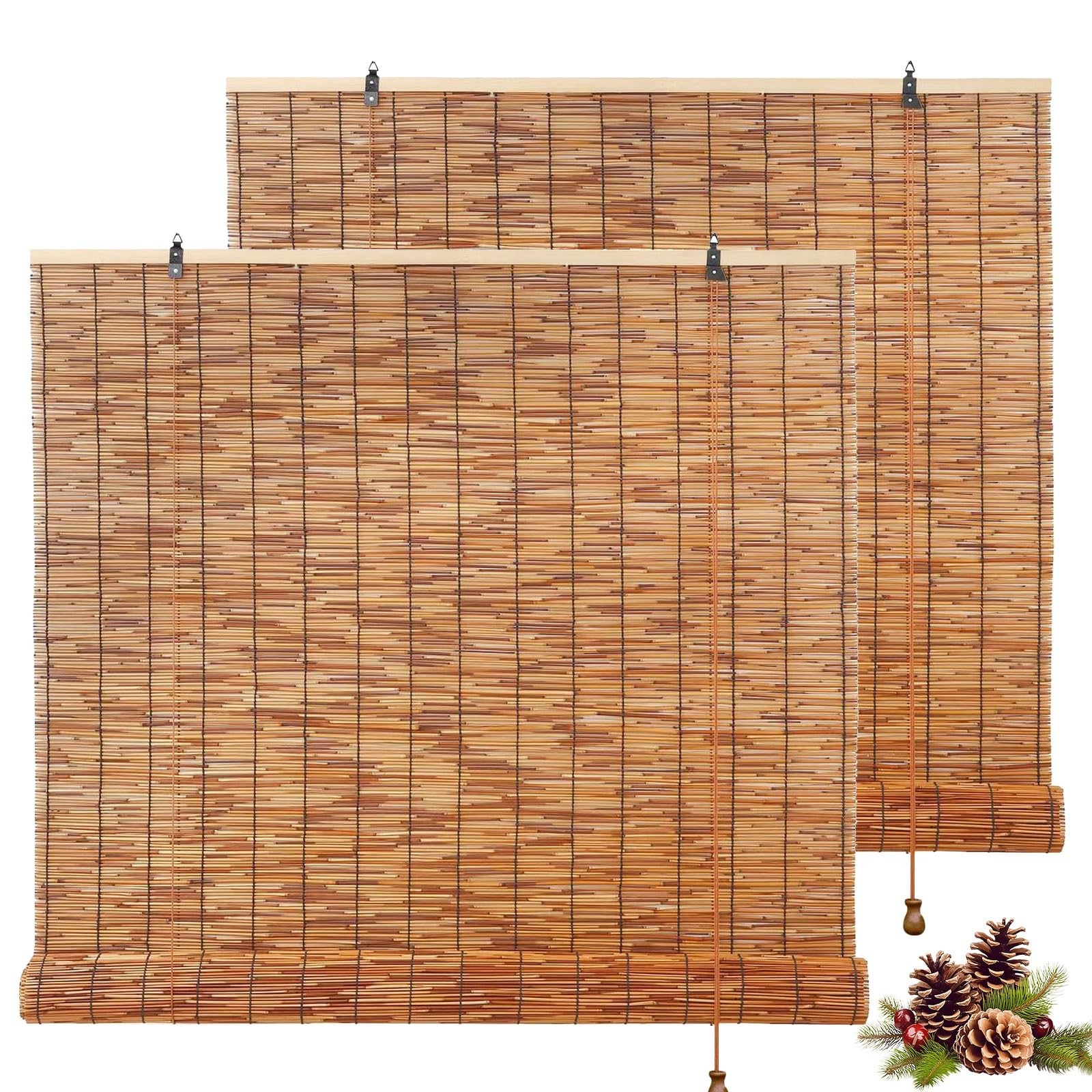Retro Bamboo Shades, Outdoor bamboo roller shutter shading filter lifting installation in various sizes1PCS(140W x 135H cm)