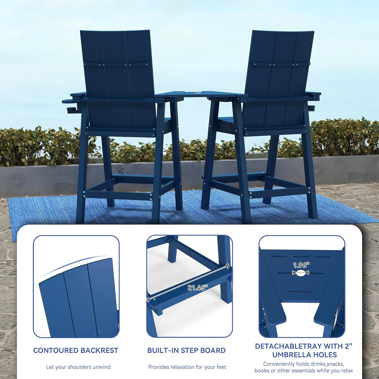 FOOWIN Tall Adirondack Chairs Set of 2,HDPE Adirondack Bar Stools with Connecting Tray & Cup Holders,Weather Resistant Balcony Chair for Outdoor Deck Lawn Pool Backyard Navy Blue