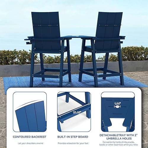 Miniatura 5 de FOOWIN Juego de 2 sillas Adirondack altas Adirondack de polietileno de alta densidad con bandeja de conexión y portavasos, sillas de balcón