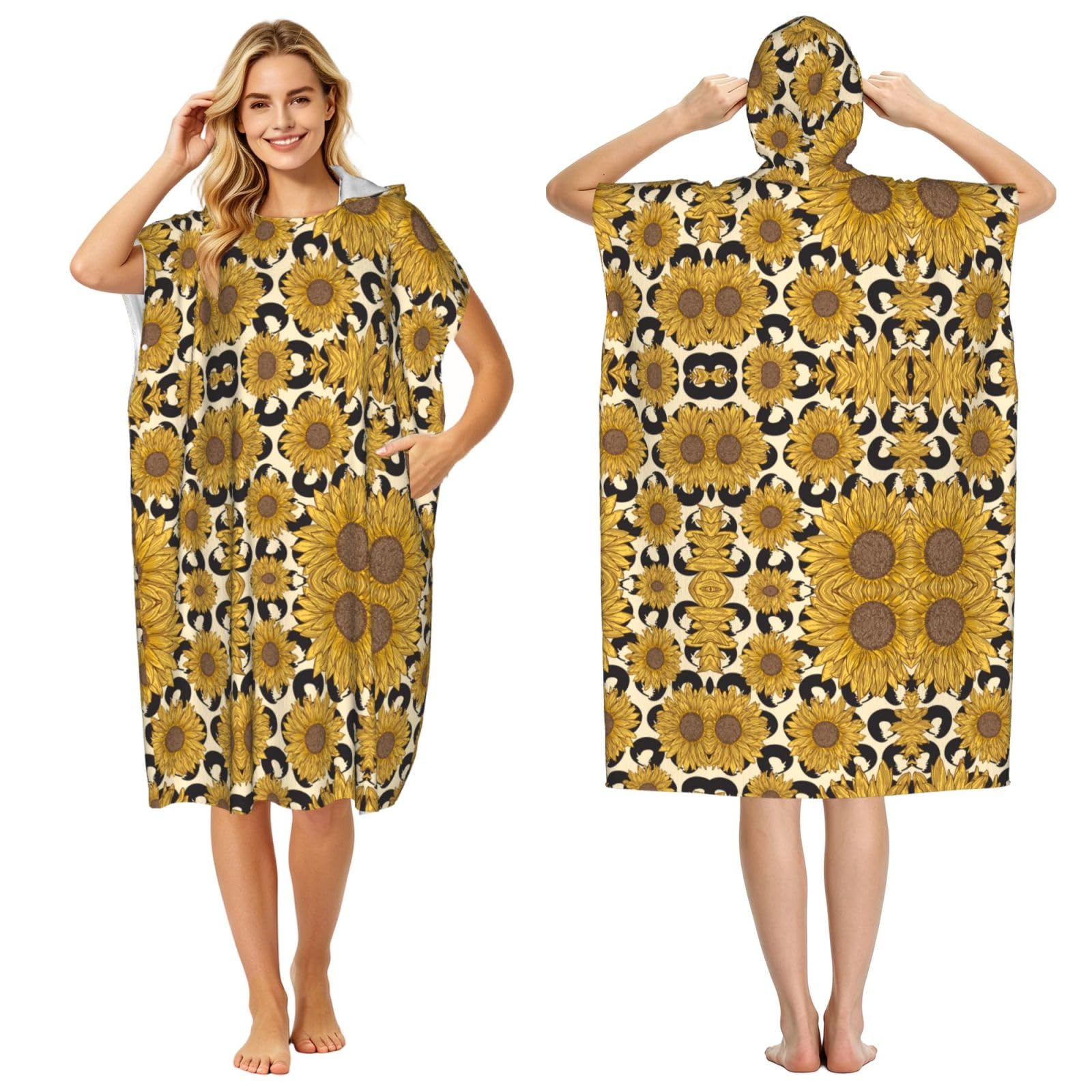 Sunflower Print Changing Robe, Hooded Towel Poncho For Swimming Pool, Beach,Quick Dry & Light Weight Towelling Poncho For Adults Women Men