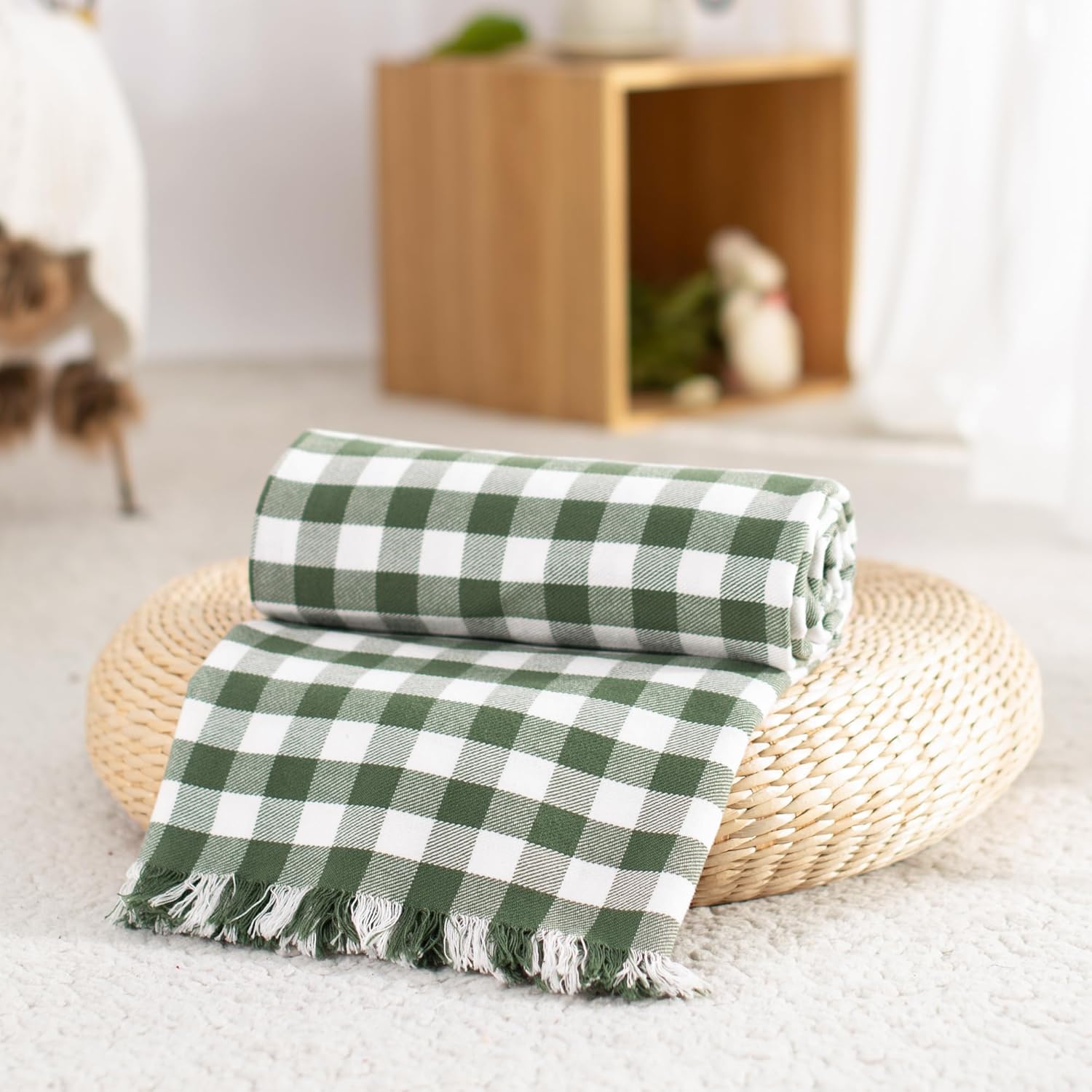 100% Cotton Throw Blanket Plaid Soft Lightweight Cozy Farmhouse Tassels Summer Thin Breathable Throws for Couch Sofa Bed (50" × 60" Green) - Image 3