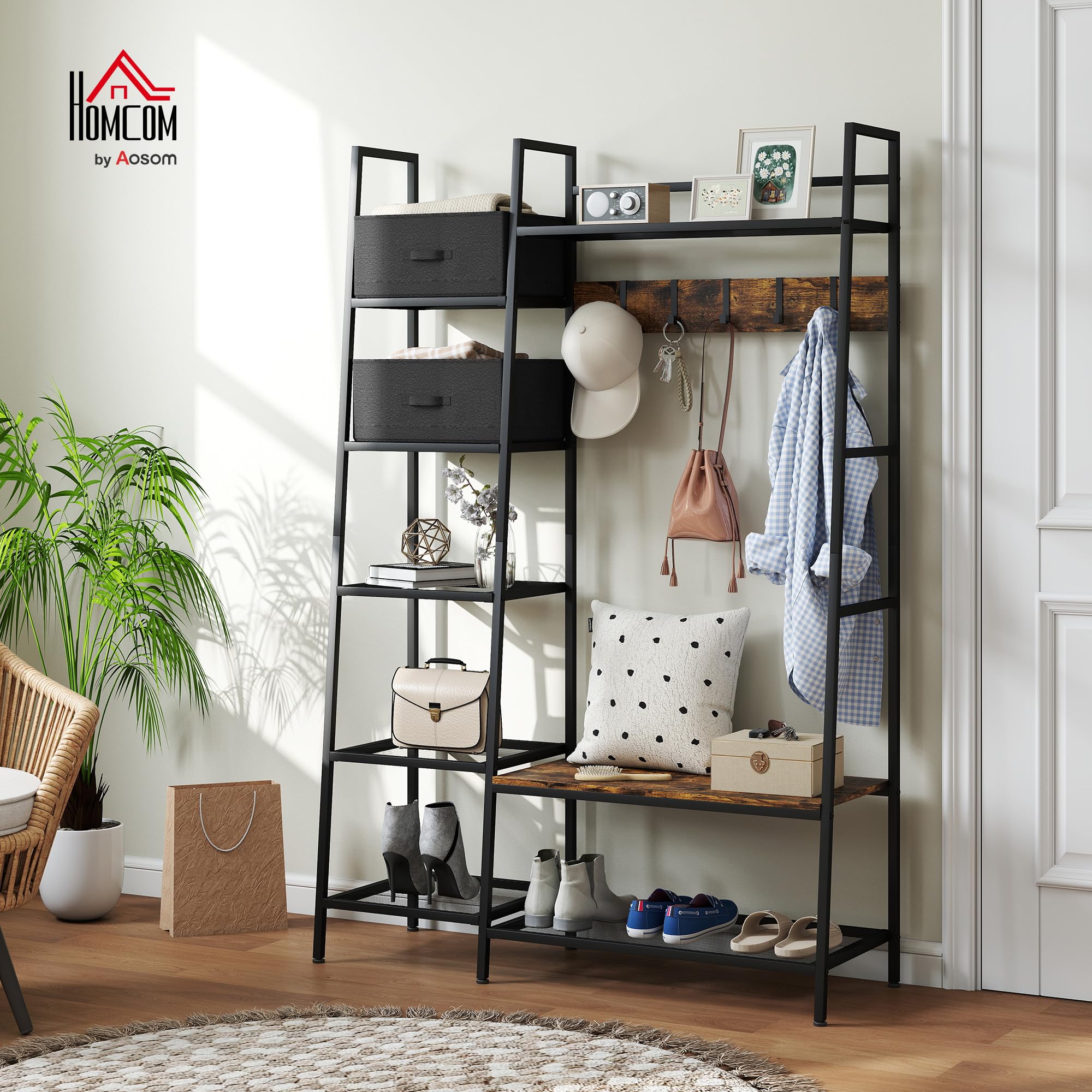 HOMCOM Porte-Manteau Vestiaire 125 x 43 x 185,5 cm Gris Brun Rustique | Meuble d'Entrée Style Industriel, Banc à Chaussures, Étagères, 5 Crochets Détachables, 2 Paniers en Tissu, Acier Bois