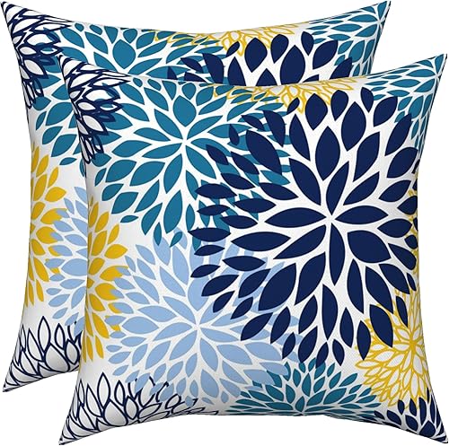 Juego de 2 fundas de almohada de dalia azul marino y amarillo de 16 x 16 pulgadas, fundas de almohada geométricas de color verde azulado floral para