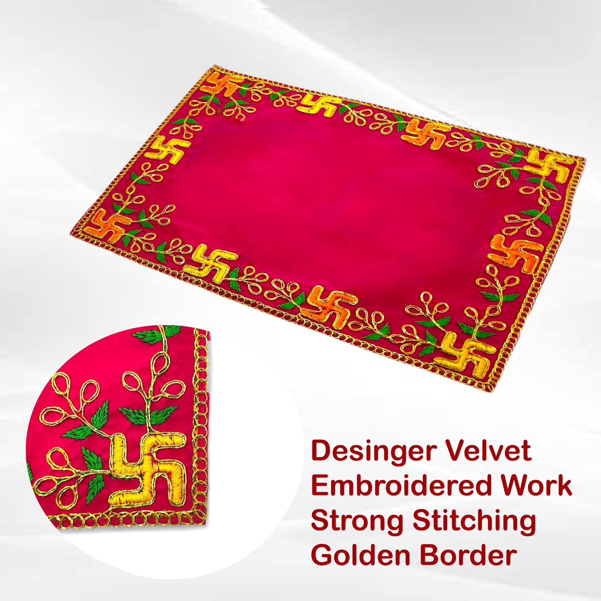 Achleshwar Designer Velvet Embroidered Pooja Aasan Cloth 12x18 inch Pink | Chowki Aasan for God Idol | Mandir Table Altar Cover for Temple, Puja Shelf, Diwali Decoration Pack 0f 1 2