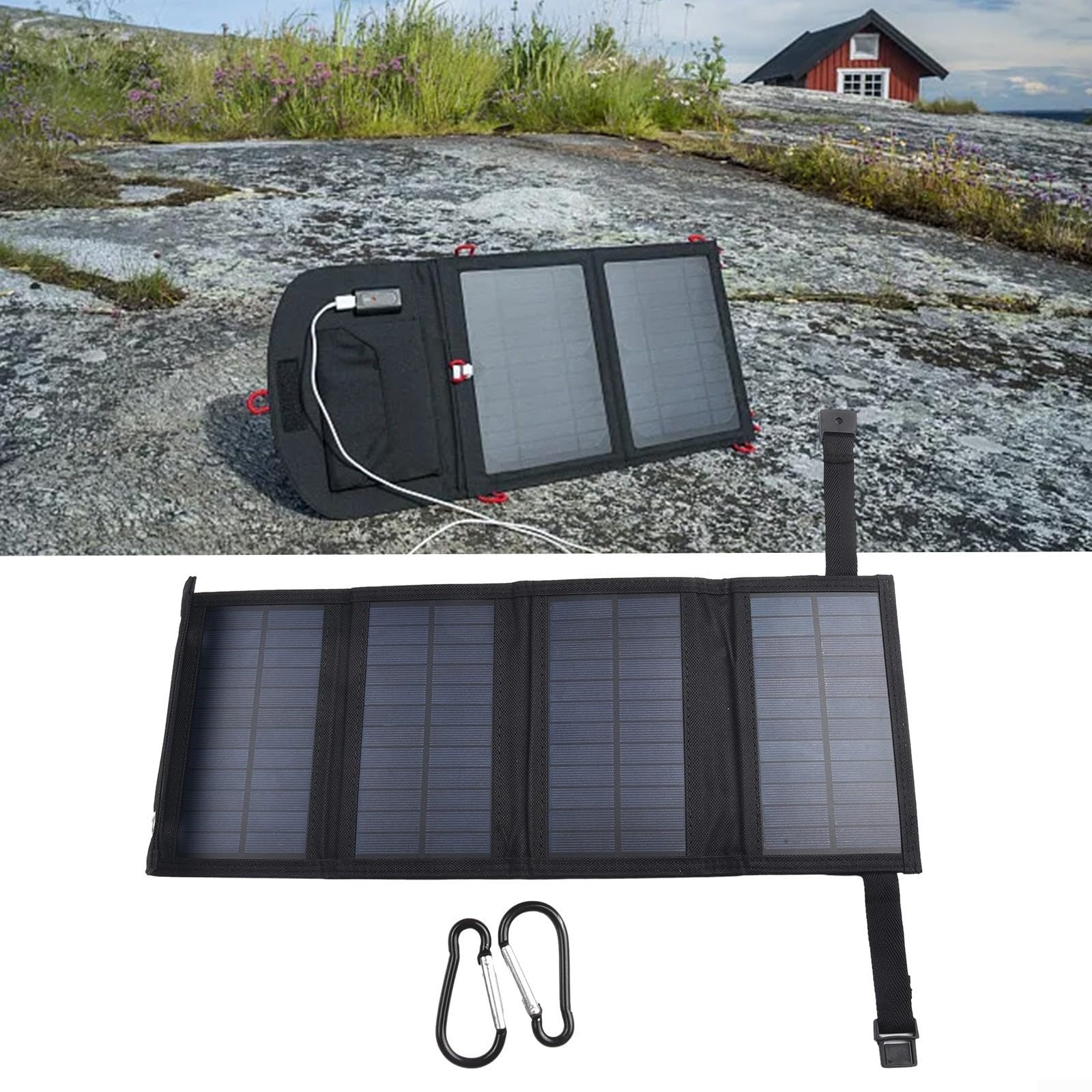 Panel solar, 20W 5V Plegable USB Cargador solar portátil con mosquetón, Energía móvil al aire libre Carga de batería para Camping Senderismo (negro)