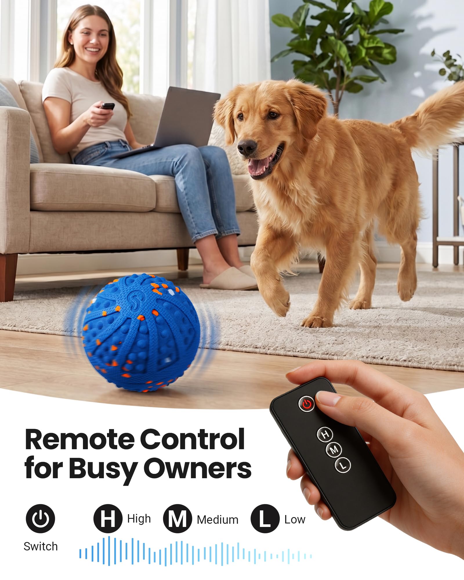 Juguetes interactivos para perros, juguete de bola rodante automática con golpes amigables con los dientes, control remoto, 3 modos de movimiento, bola recargable para perros con material ETPU, IP67