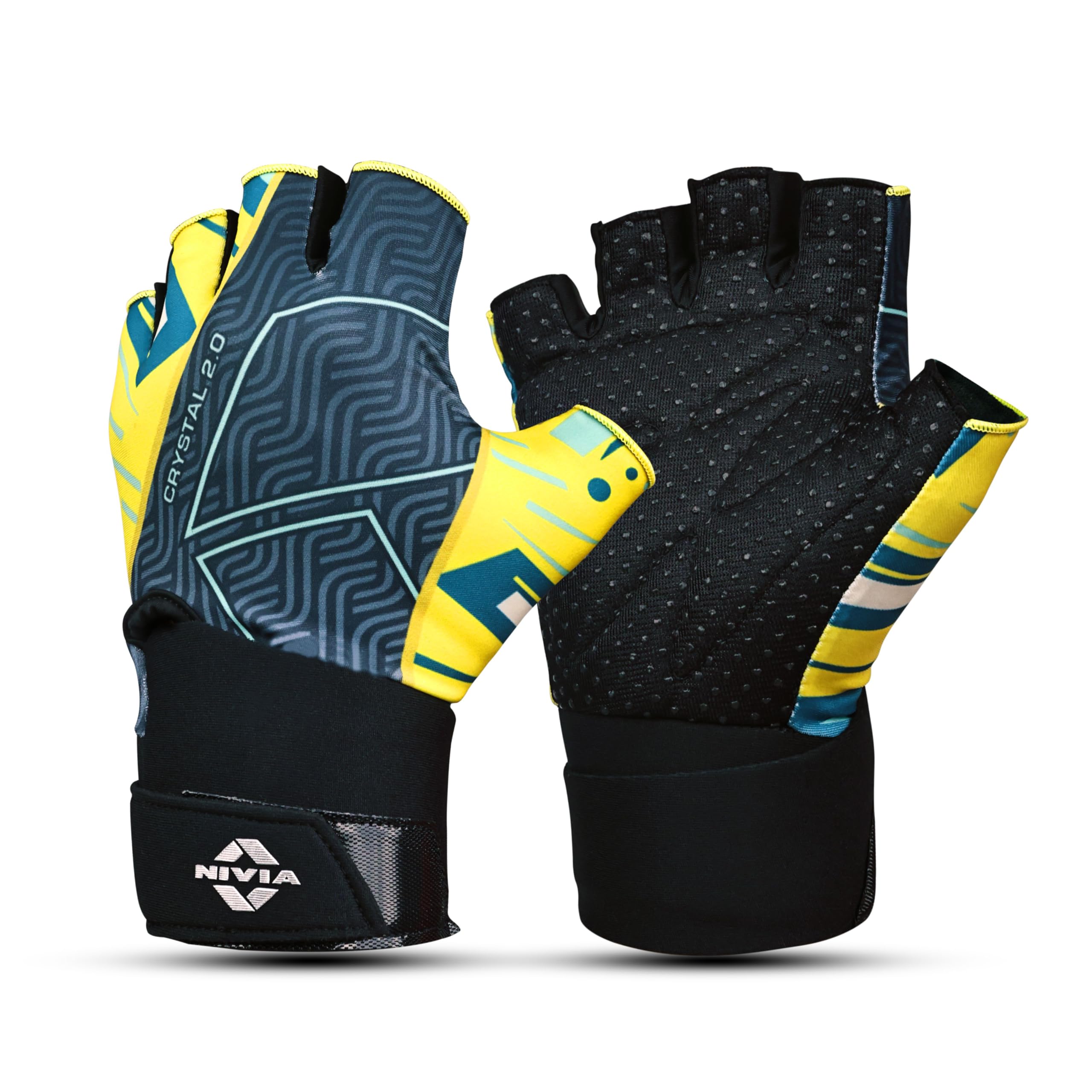 Nivia Crystal 2.0 with Strap Gym Gloves for Men & Women, 4-Way Stretch Lycra with Dotted Puff Padded Palm, Ideal for Crossfit, Strength Training, Cycling & Fitness Workouts (Yellow, M)
