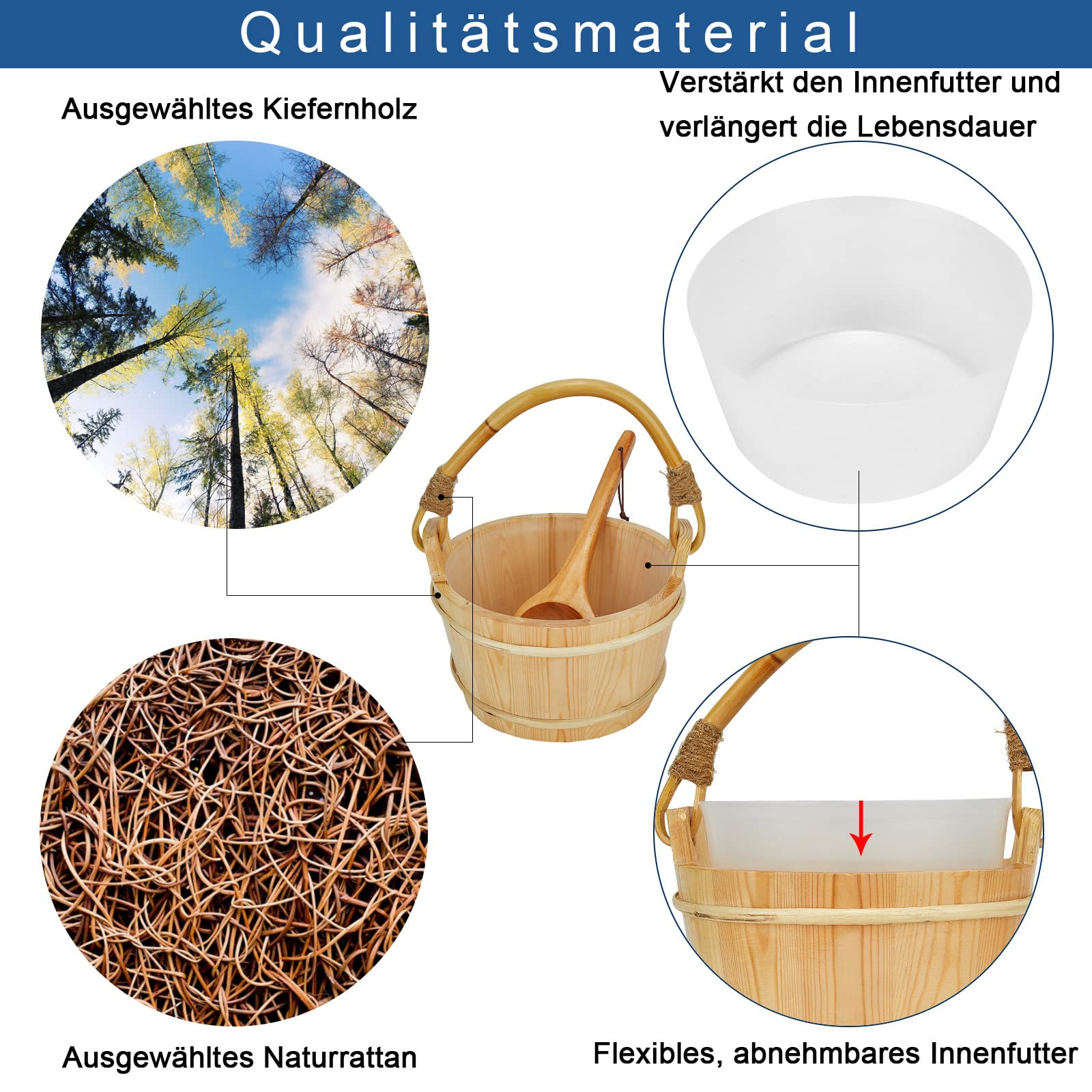 Seau en Bois pour Sauna Set avec Insert en PVC, Accessoires de Sauna de Haute Qualité - avec Louche, Sablier, Thermo-hygromètre - 4 Litres