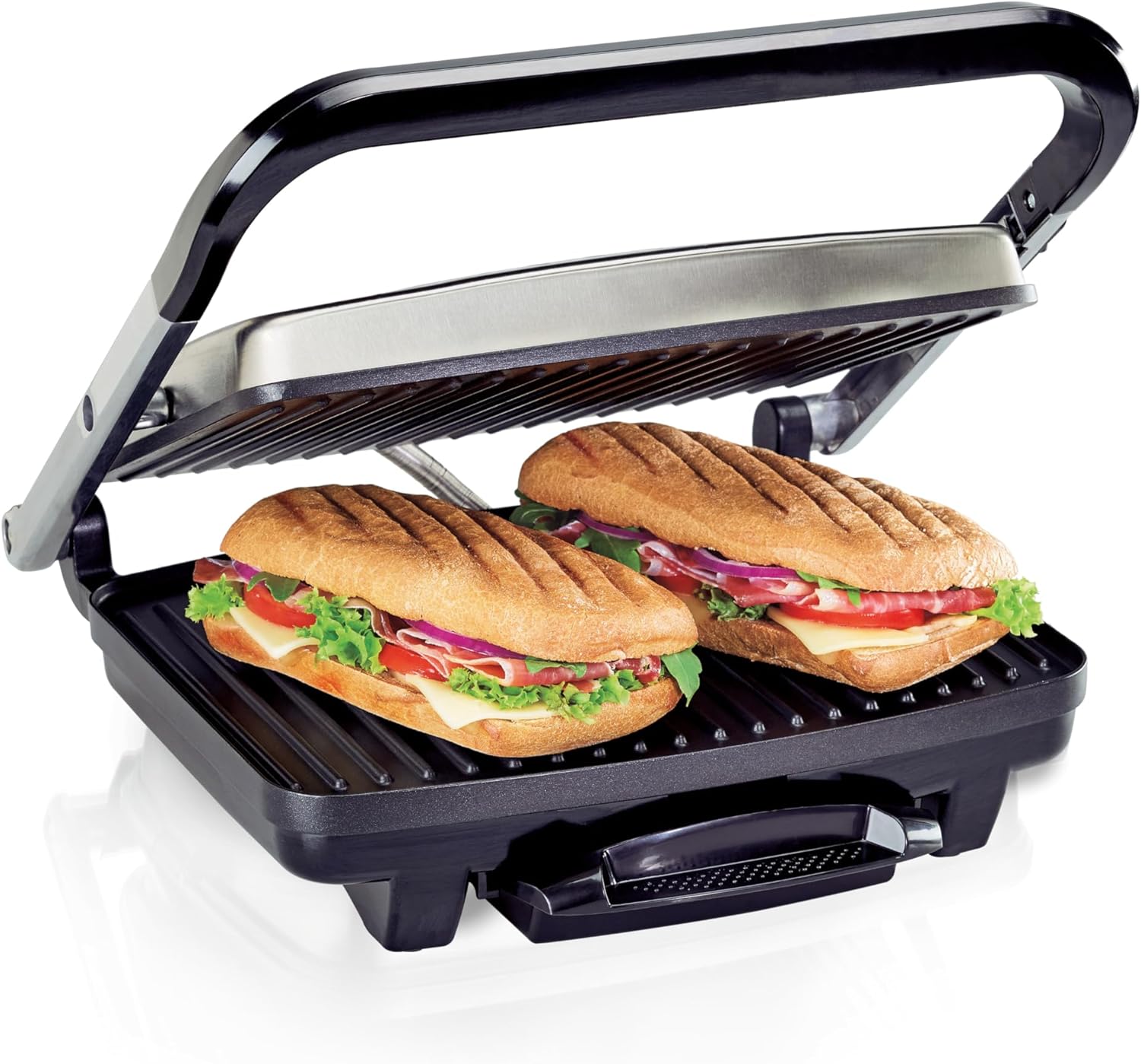 Hamilton Beach Panini Press, Sandwich Maker & Electric Indoor Grill, Upright Storage, Nonstick Easy Clean Grids, Stainless Steel (25410) Stainless Steel Nonstick 8" x 10" Grids