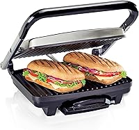 Hamilton Beach 25410 Panini Press & Indoor Grill: PFAS-Free Nonstick, Floating Lid, Upright Storage, 95 Sq In Surface