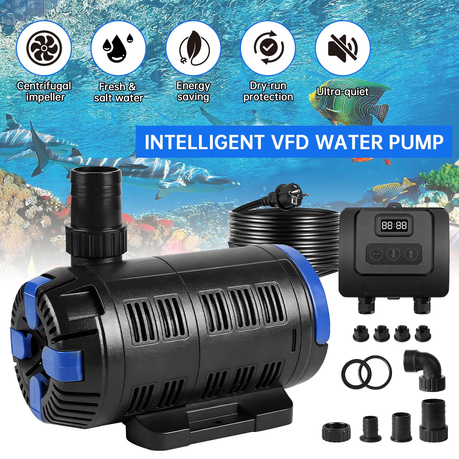 EXLECO Pompe à jet réglable pour extérieur, 8000 l/h, 18 W-80 W, pompe à jet réglable avec contrôleur multifonction, pompe de filtration pour bassin de jardin, fontaines