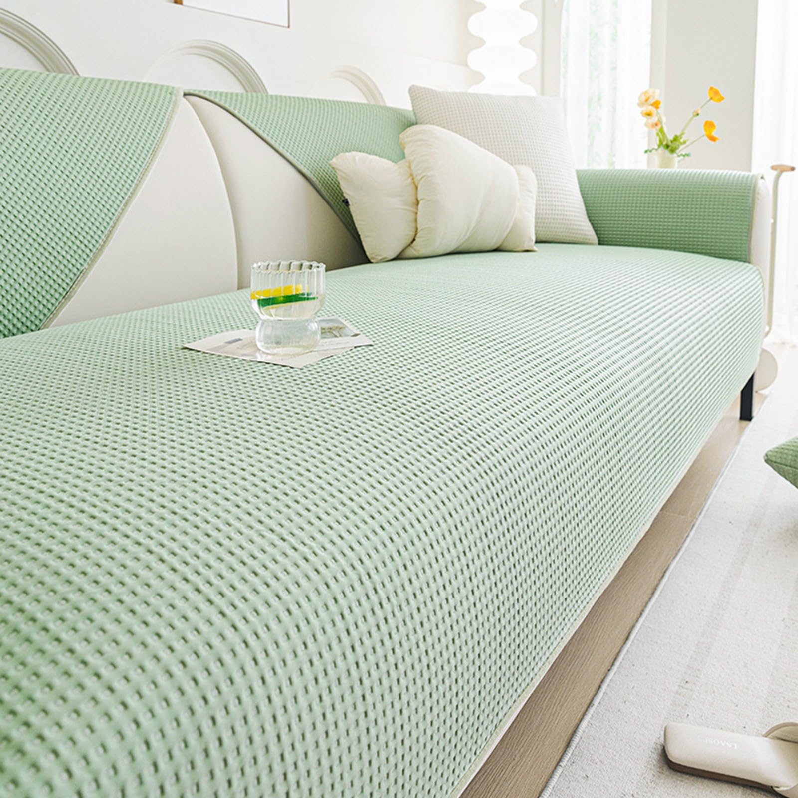 Summer Ice Silk Cooling Sofa Cover | Non Slip Breathable Cool Touch One Piece Slipcover for 4 3 2 1 Seater Corner L Shape | Pet Friendly Washable Seat Protector(Green,110x180cm)