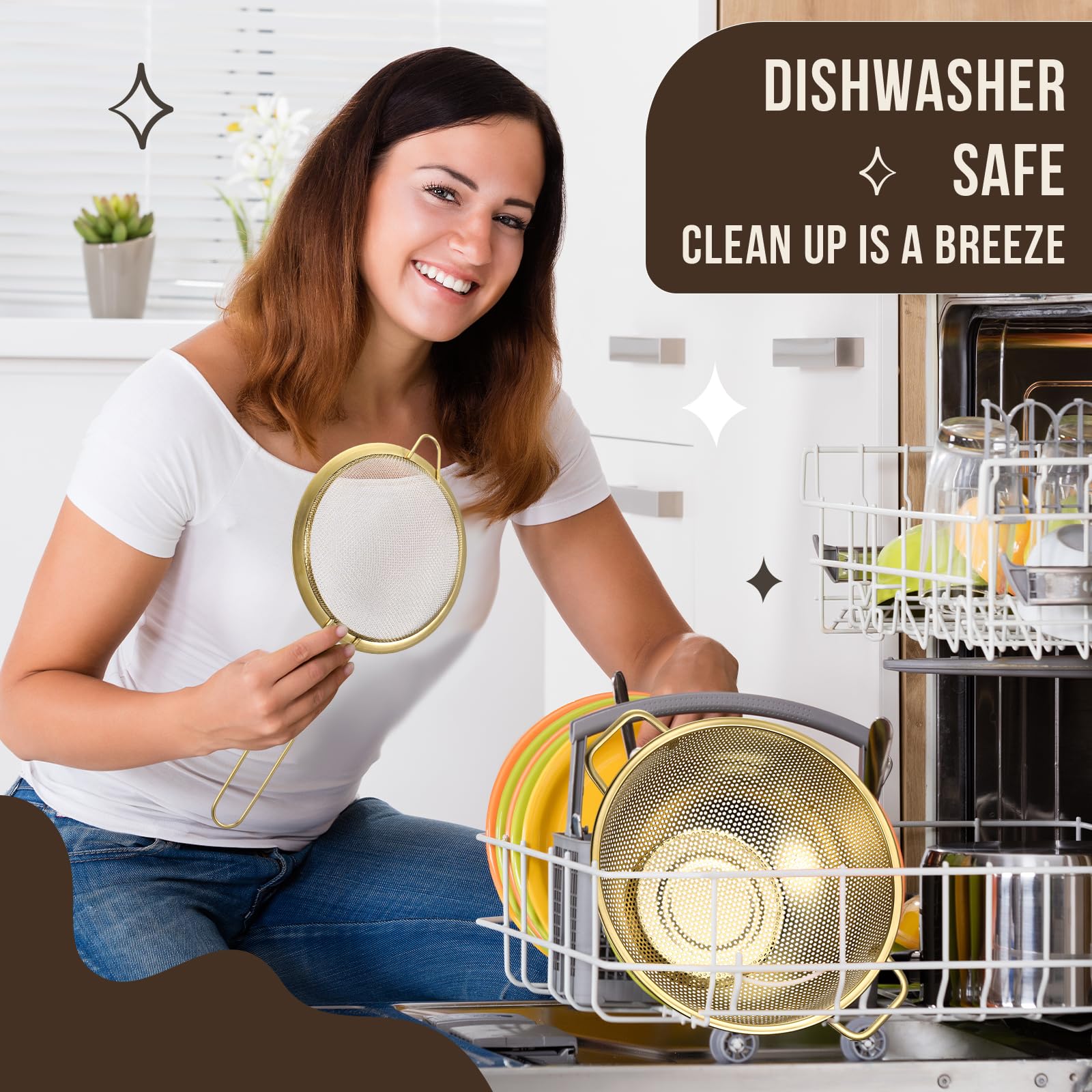 Norme Colador dorado de acero inoxidable de 3 cuartos y 3 coladores de malla fina dorada, colador de metal de acero inoxidable para pasta, arroz y alimentos, fácil de limpiar y apto para lavavajillas