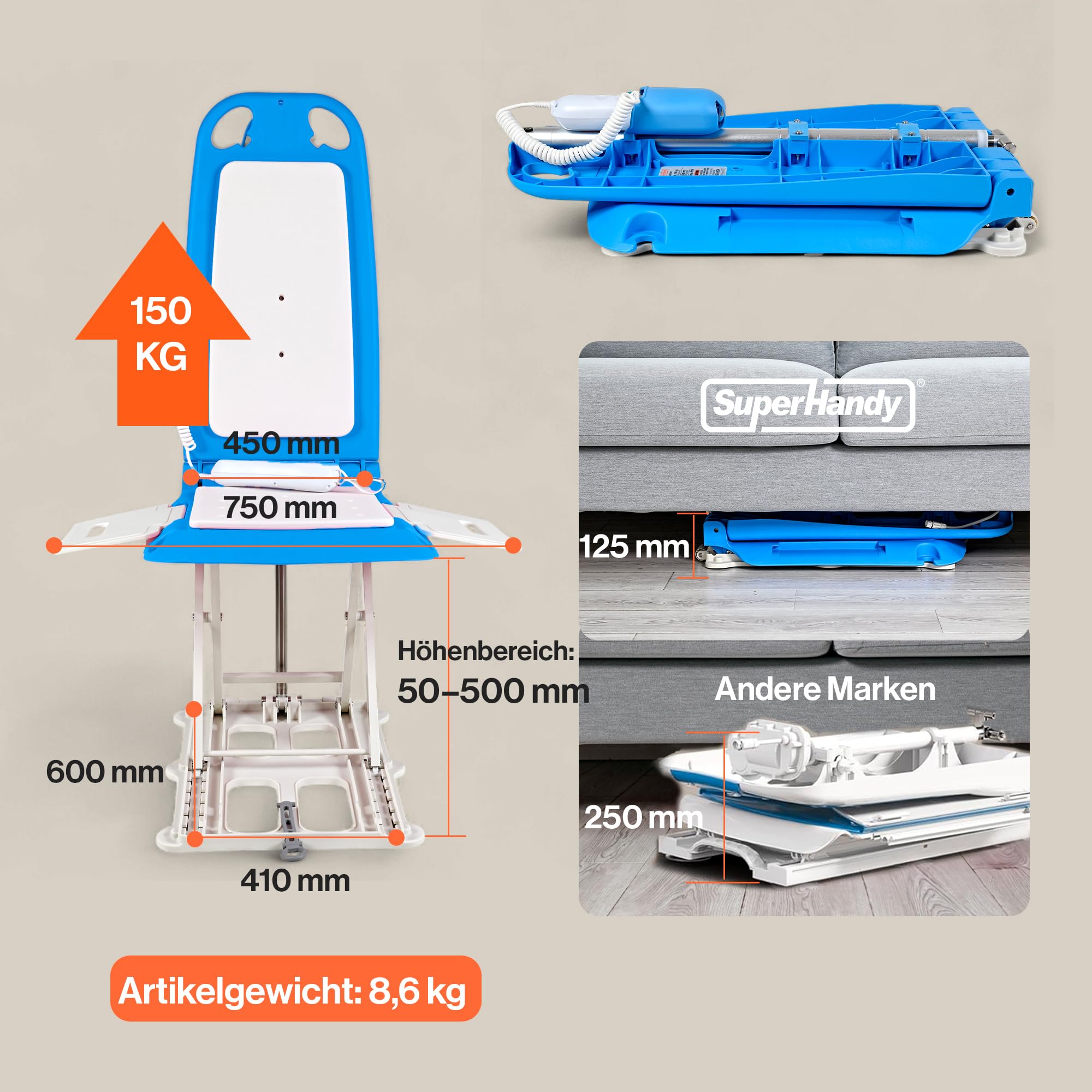 SuperHandy Tragbarer Boden- & Badelift – Leichtgewicht 8,6 kg, Klappbar, Tragfähigkeit 150 kg, IP68 wasserdichter Lift für Senioren, ergonomischer Sitz mit abnehmbaren Seitenteilen (Spa Blue)