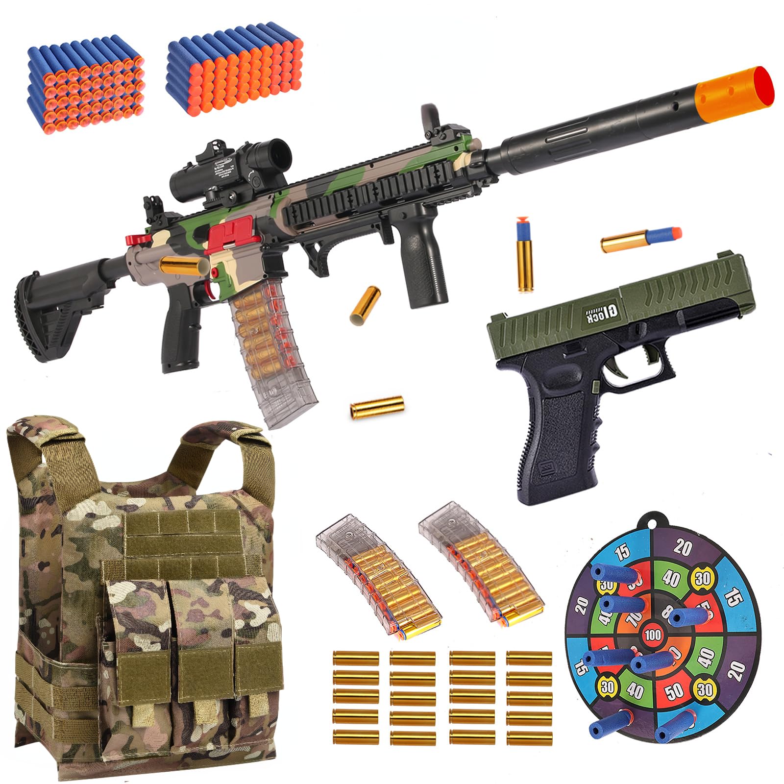 Electric Soft Bullet Toy Gun for Boys, Auto-Manual Shell Ejecting Toy Foam Blasters & Guns with 100 Soft Darts, Tactical Vest Kit,Shooting Games