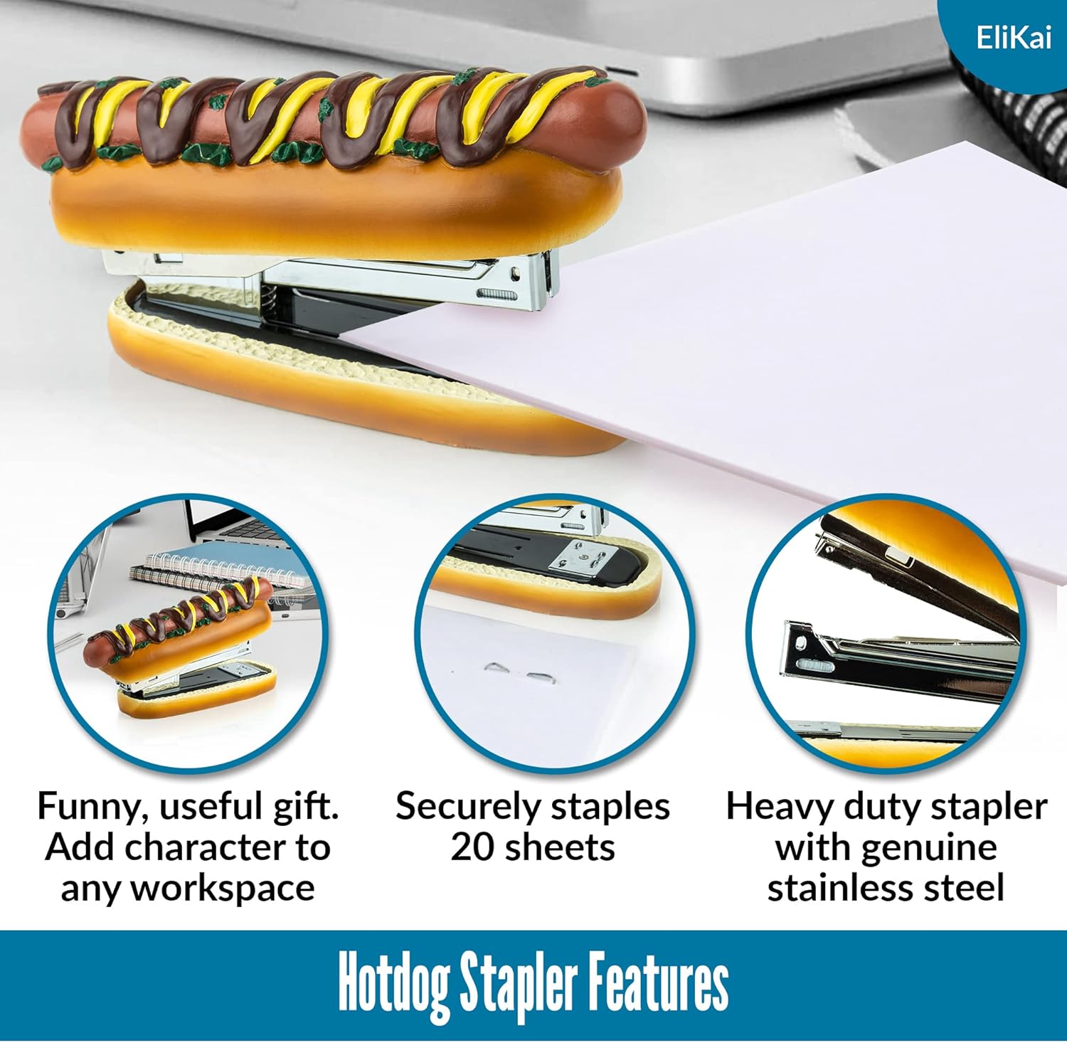ELIKAI Hot Dog Stapler, Funny Gifts for Teachers and Principals, Unique Desk Accessory, Ideal Back-to-School Gift for Classroom or Teacher Lounge Decor, Includes 1000 Staples, Brown, 7 oz