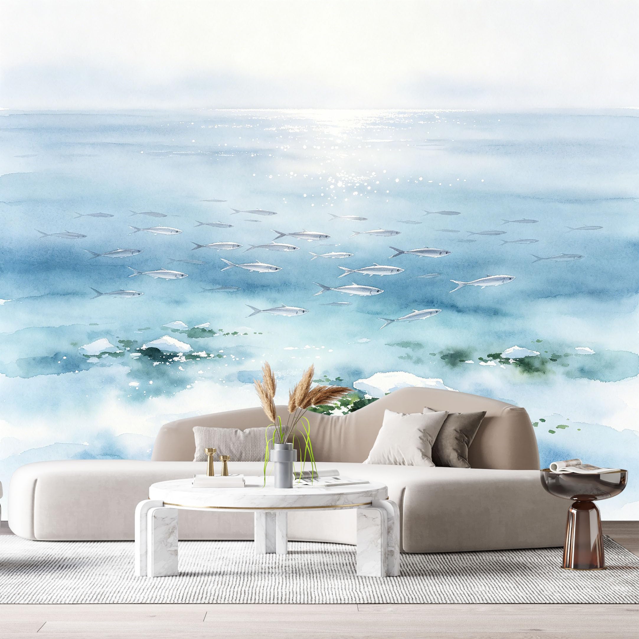 Custom Size Wall Murals Ocean Marine Watercolor School of Fish SelfAdhesiveWall Fabric Removable Wallpaper Wall Decor for Living Room Bedroom Bathroom