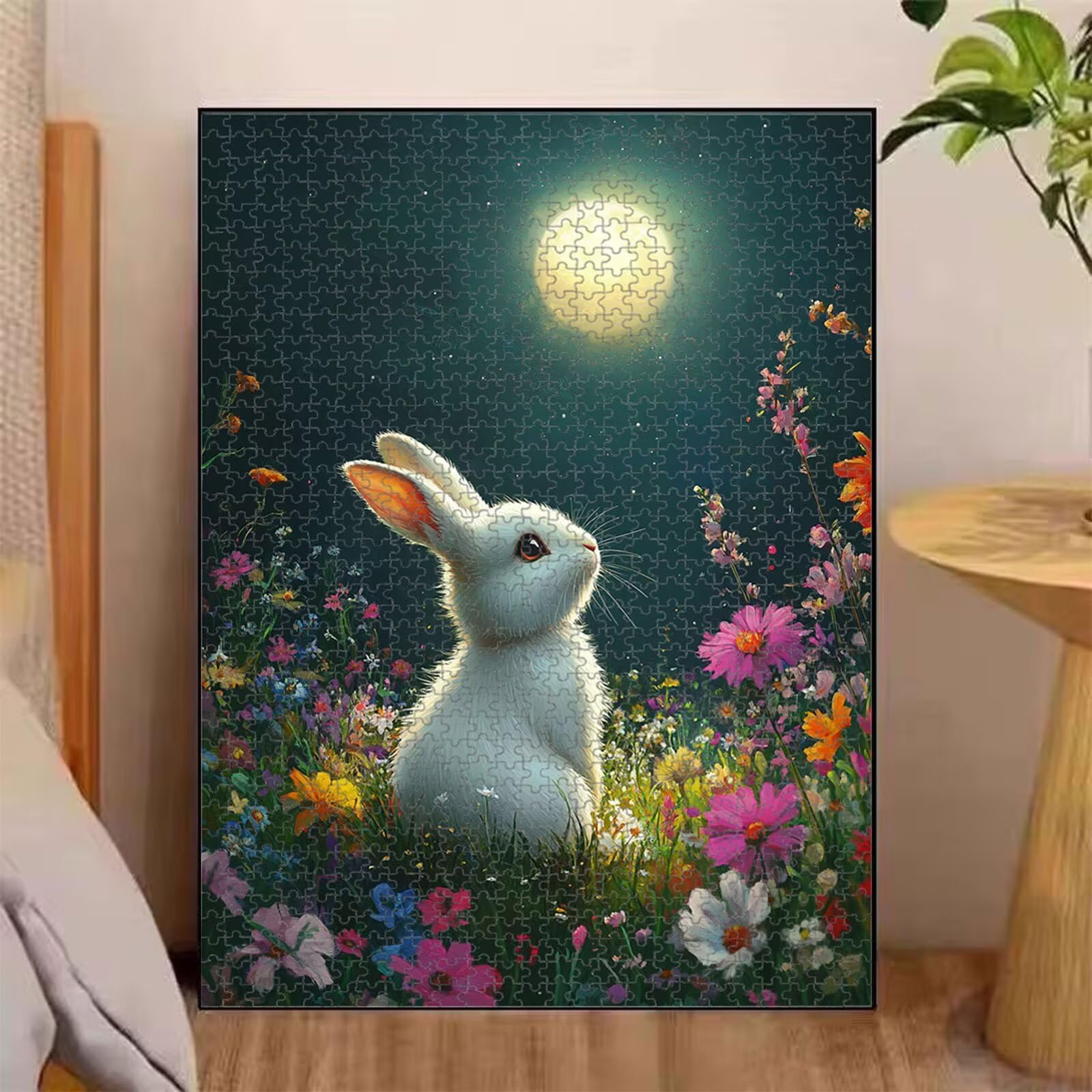 1000 elementów, puzzle dla dorosłych, królik i kwiaty, drewniane puzzle 1T#2294 | Drewniana konstrukcja, precyzyjne cięcie, jasne kolory, statyczne hobby, relaks, dekoracja domu, prezent, 50 x 75 cm