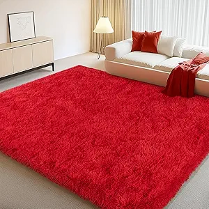 Soft Red Rugs for Bedroom, 4x6 Fluffy Fuzzy Shaggy Rugs for Living Room, Non-Slip Bedside Shag Rug Carpet for Kids Room Nursery Dorm Home Decor