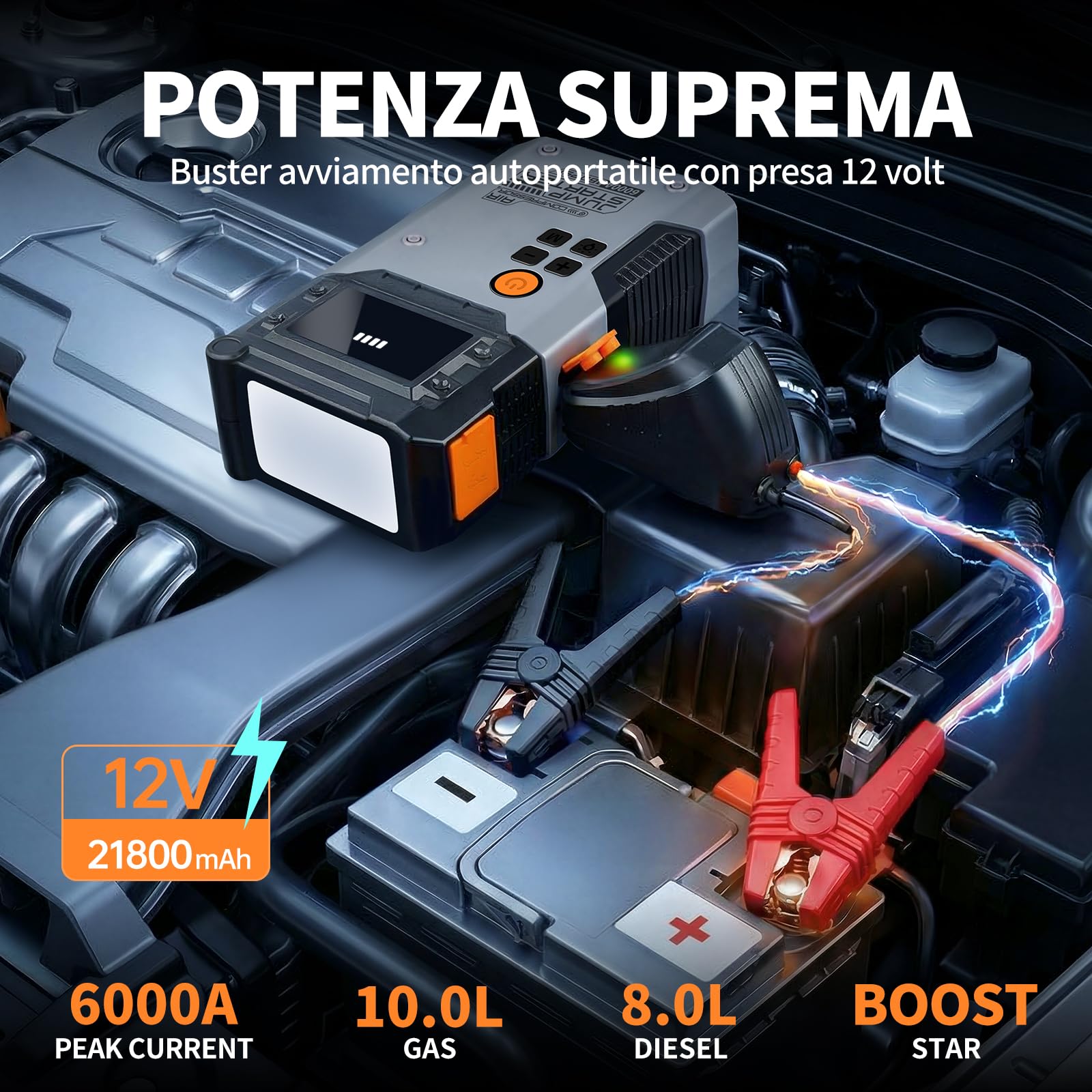Avviatore Batteria Auto 6000A, Booster Avviatore Auto con Compressore 160PSI (per 12V 10.0L GAS e 8.0L DIESEL), Jump Starter 5V/3A,LED,Starter Batteria LCD,Avviatore Emergenza USB